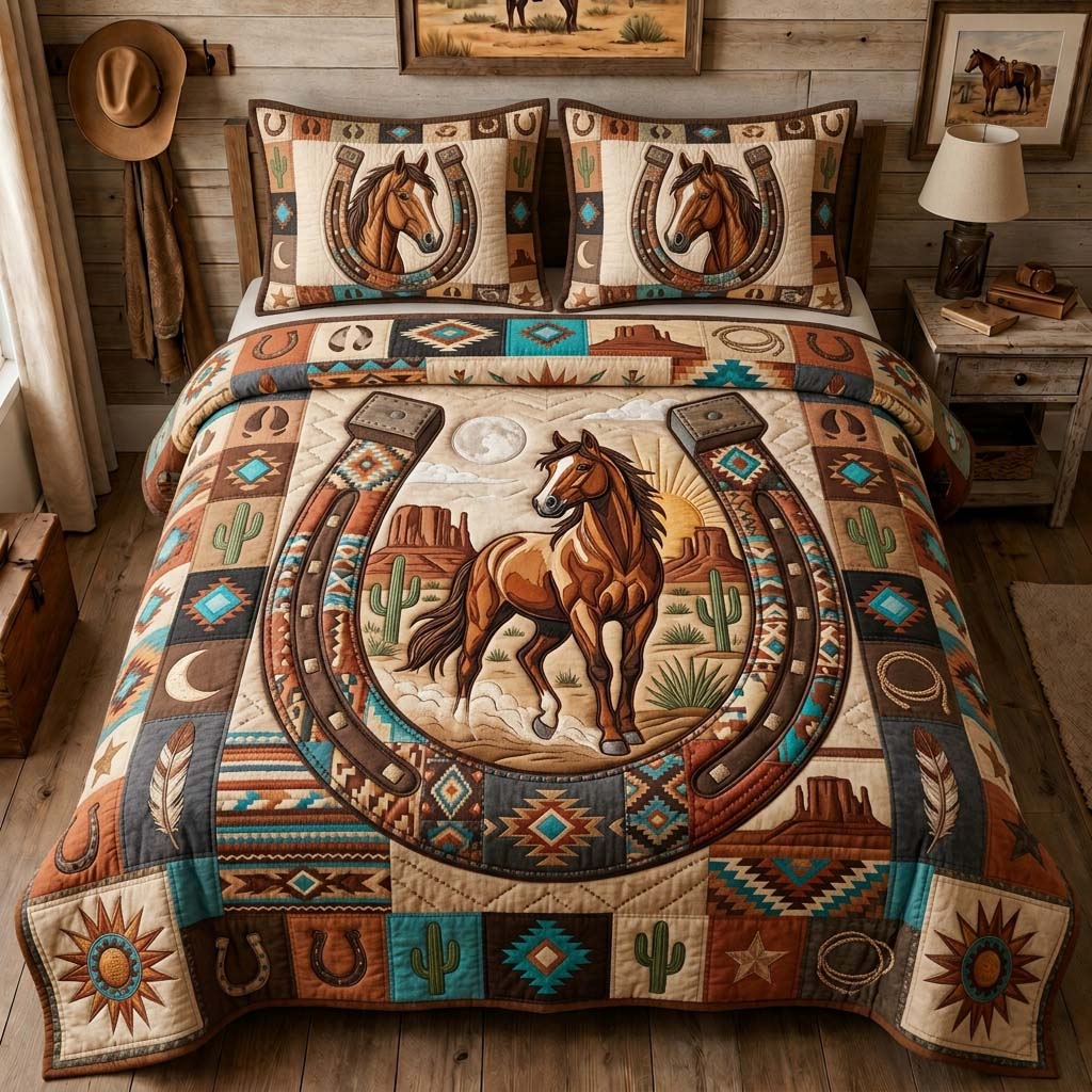 Lucky Horseshoe Ride Quilted Bedding Set Horse Lover Coverlet Set Cool Room Decor
