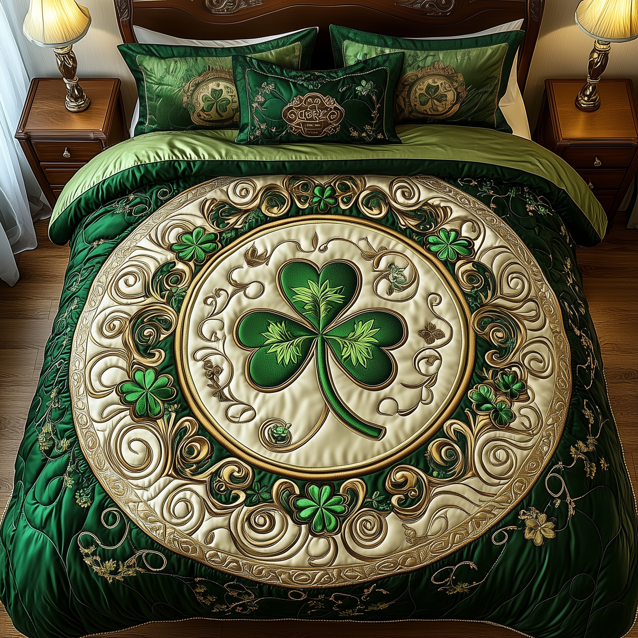 Lucky Irish Shamrock Quilted Bedding Set Irish Heritage Coverlet Set Gifts For House Lovers