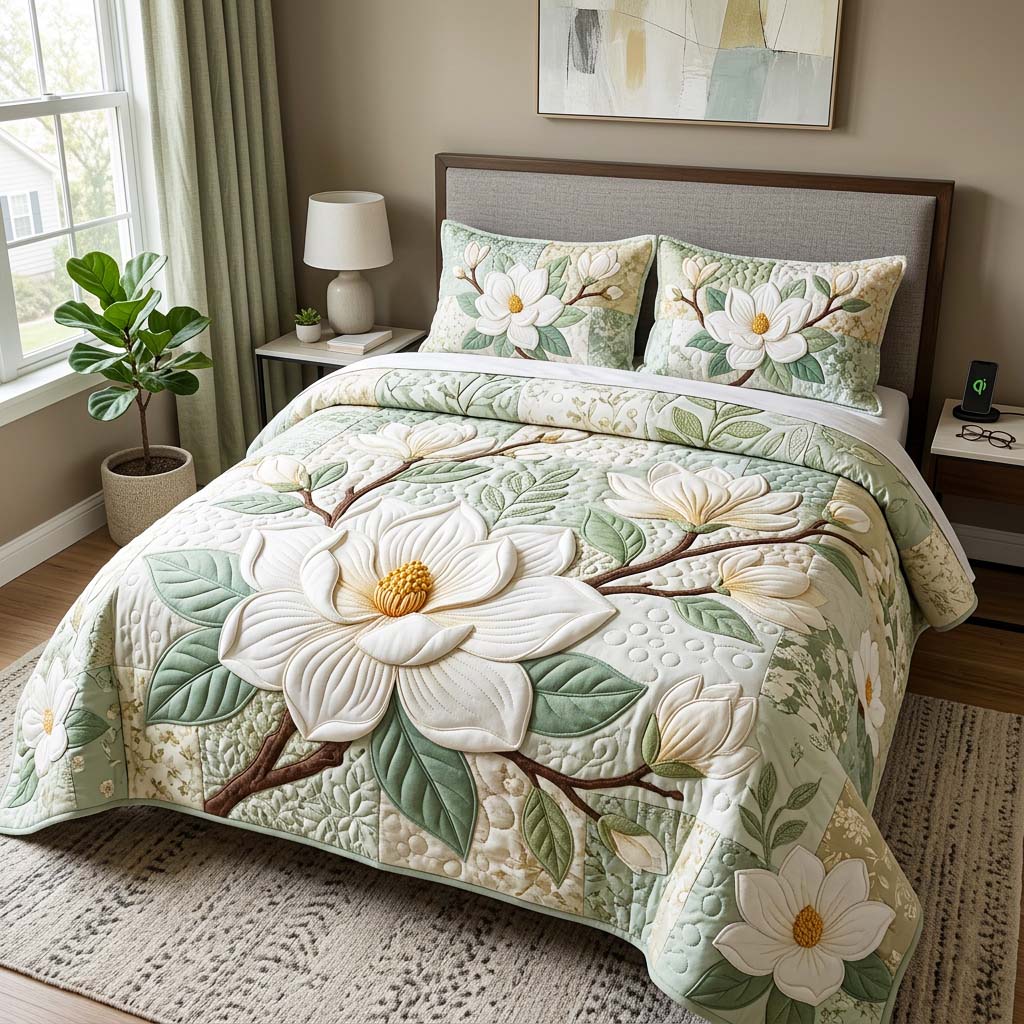 Magnolia Bloom Quilted Bedding Set Floral Garden Coverlet Set Home Lover Gift Ideas