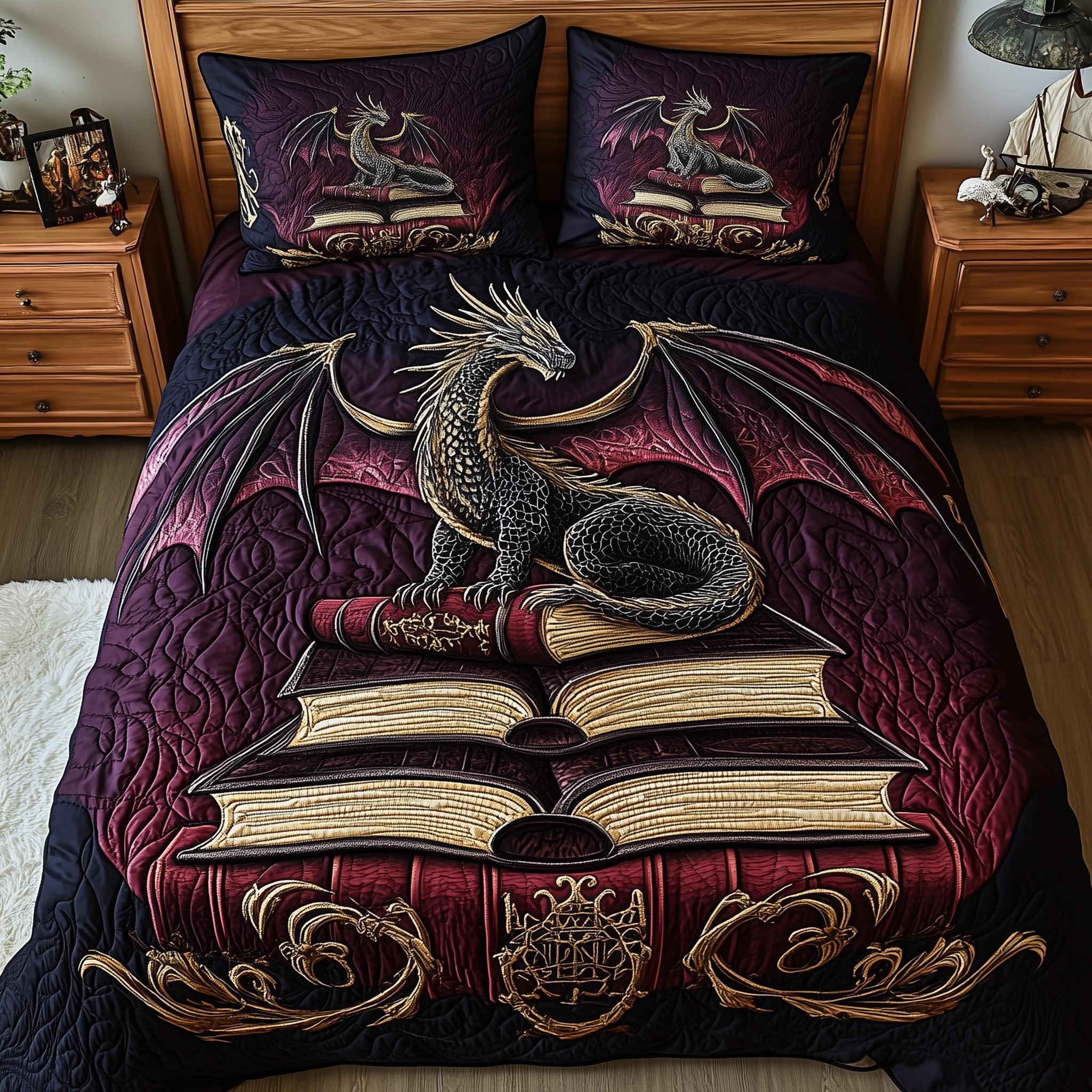 Majestic Dragon Quilted Bedding Set Dragon Lover Coverlet Set Gifts For Living Rooms