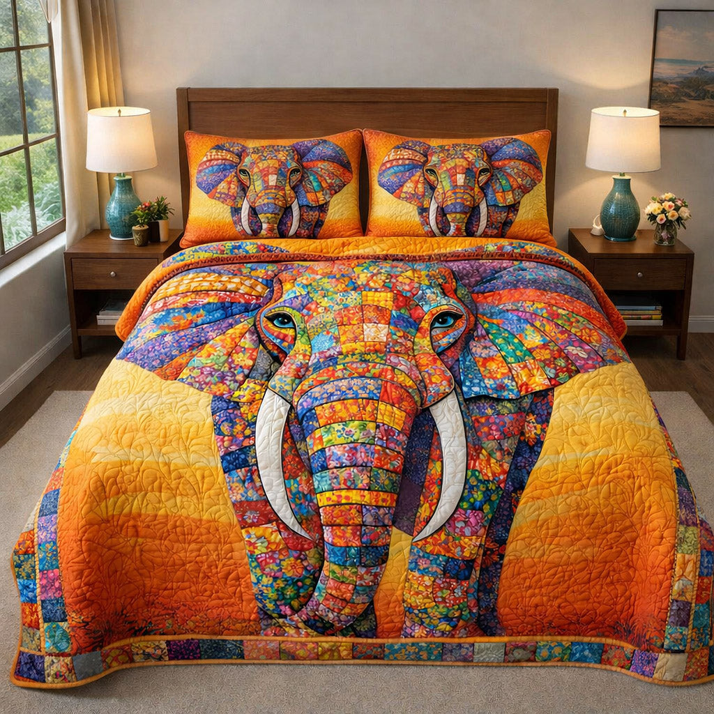 Majestic Tusker Quilted Bedding Set Elephant Lover Coverlet Set Gift For Cozy Spaces