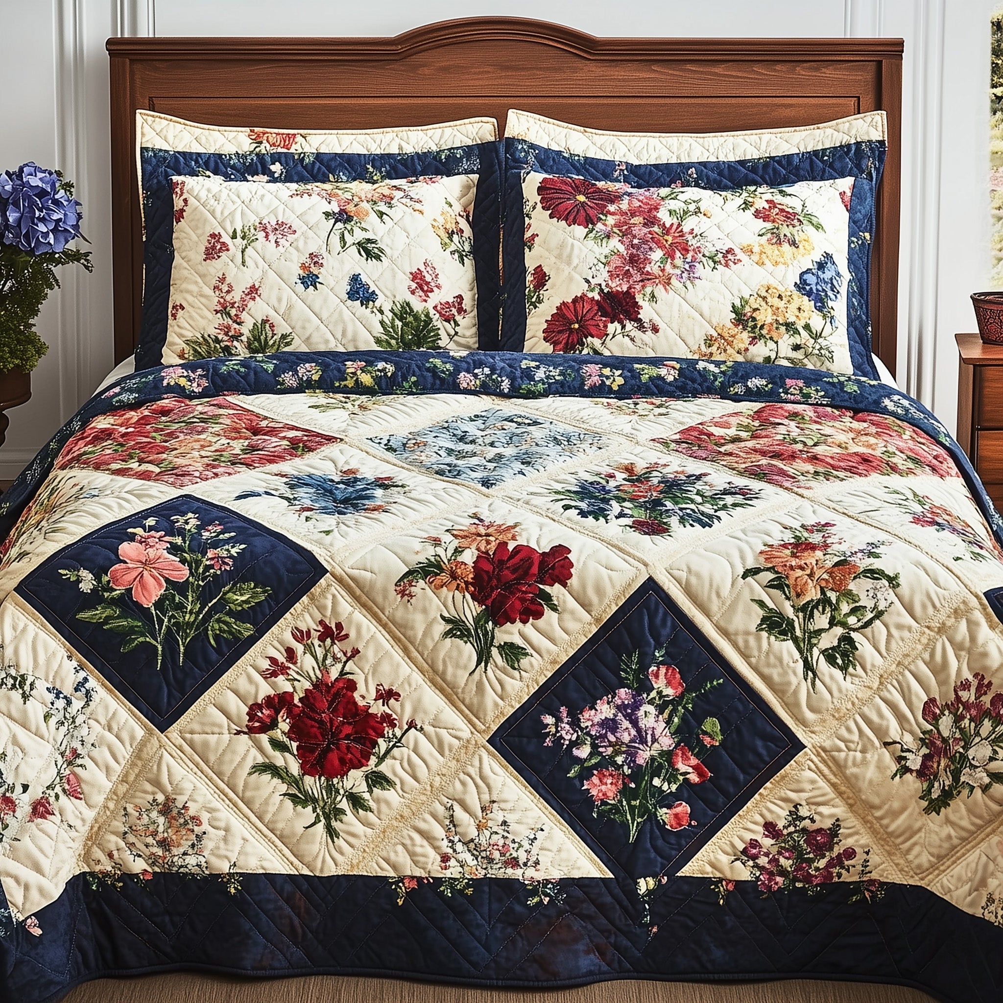 Meadow Blooms Patchwork Quilted Bedding Set Floral Garden Coverlet Set Decor Gifts