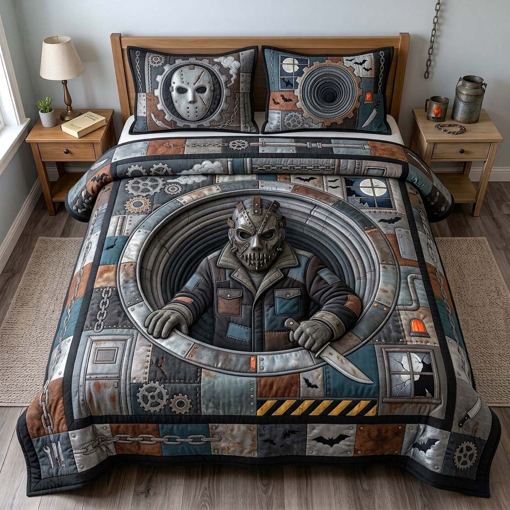 Metal Mask Portal Quilted Bedding Set Gothic Halloween Coverlet Set Room Gifts