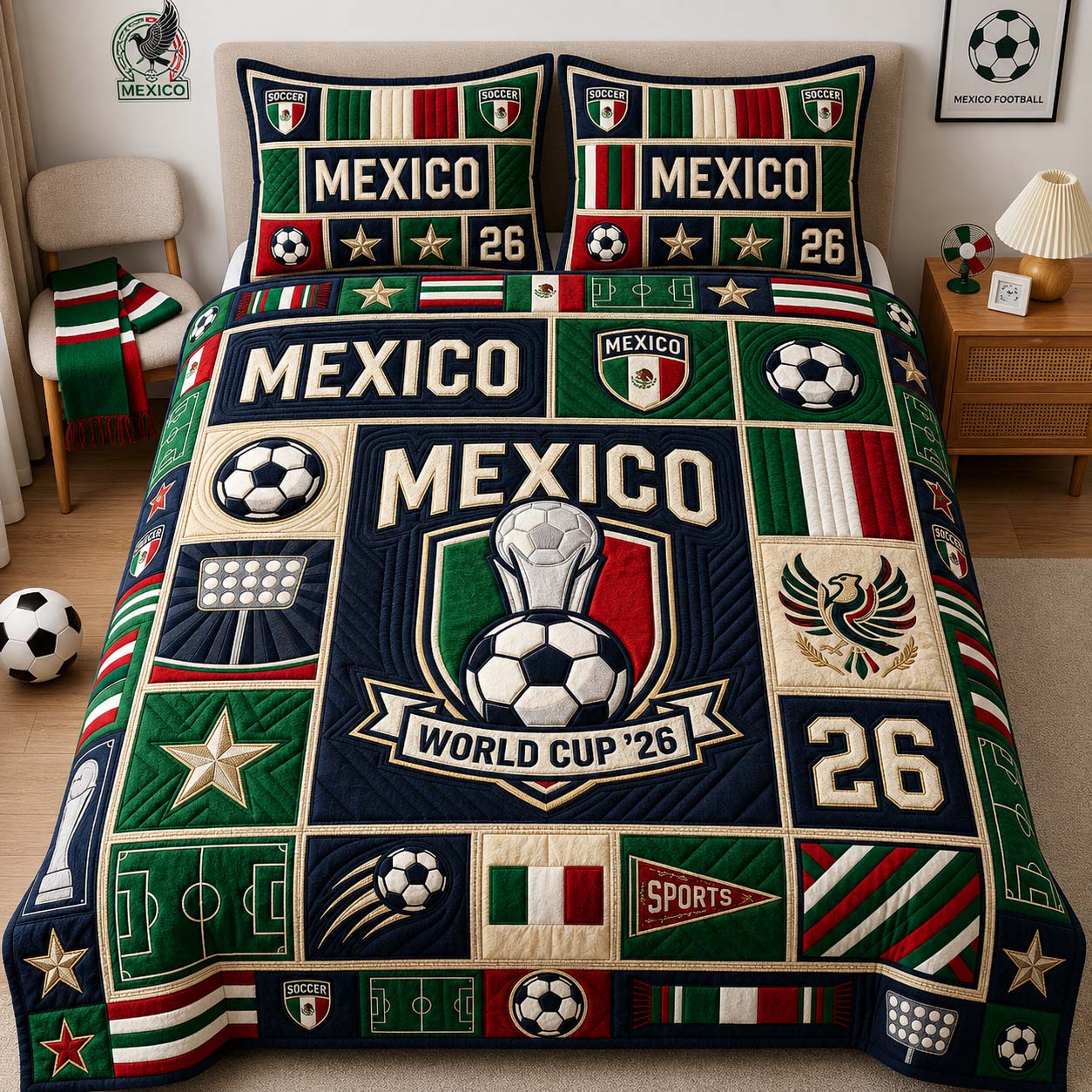 Mexico Soccer Crest Quilted Bedding Set Soccer Fan Coverlet Set Present For House Lovers