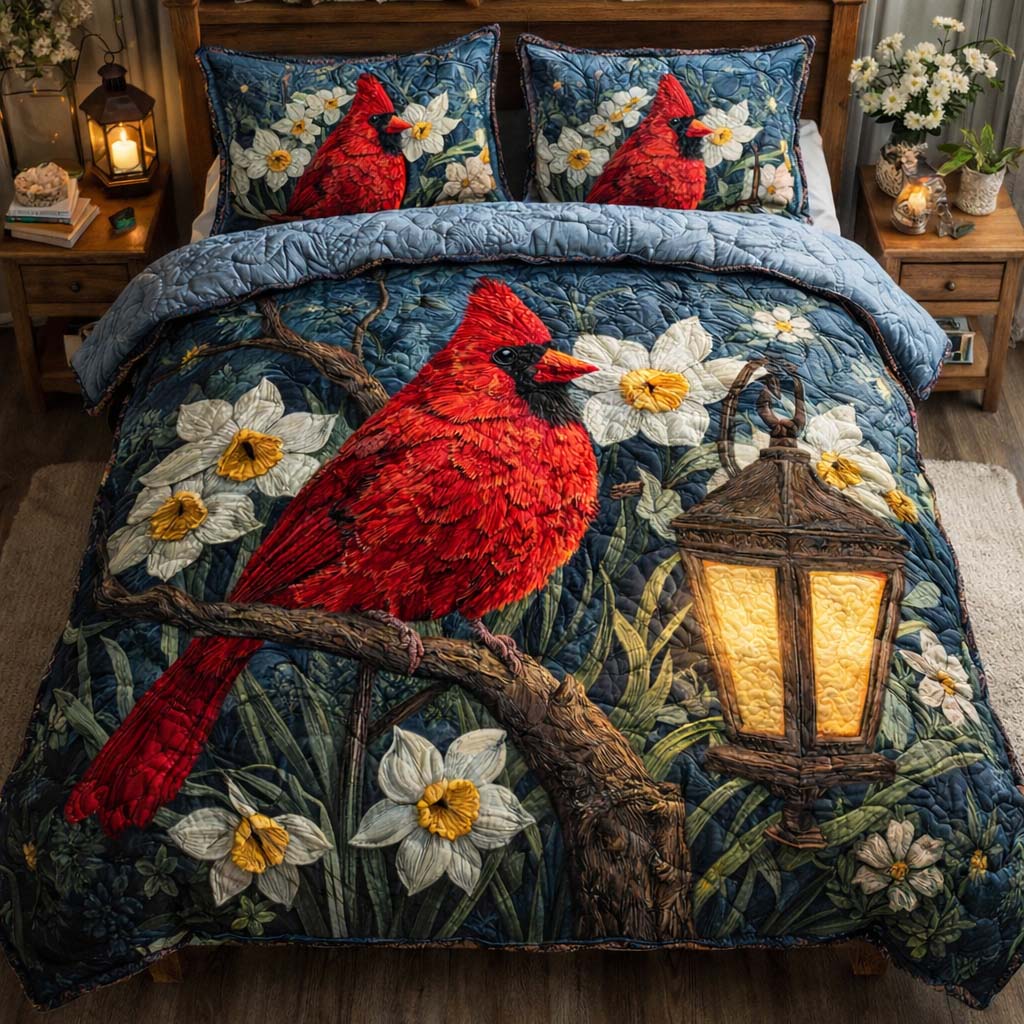 Midnight Lantern Cardinal Quilted Bedding Set Cardinal Lover Coverlet Set Gift For Living Room