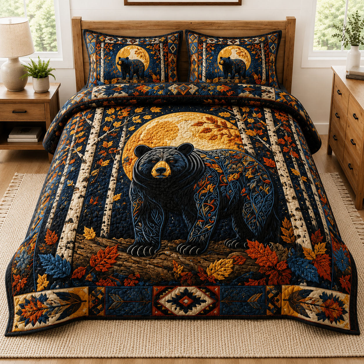 Midnight Moon Bear Forest Quilted Bedding Set Bear Lover Coverlet Set Great Gift Ideas