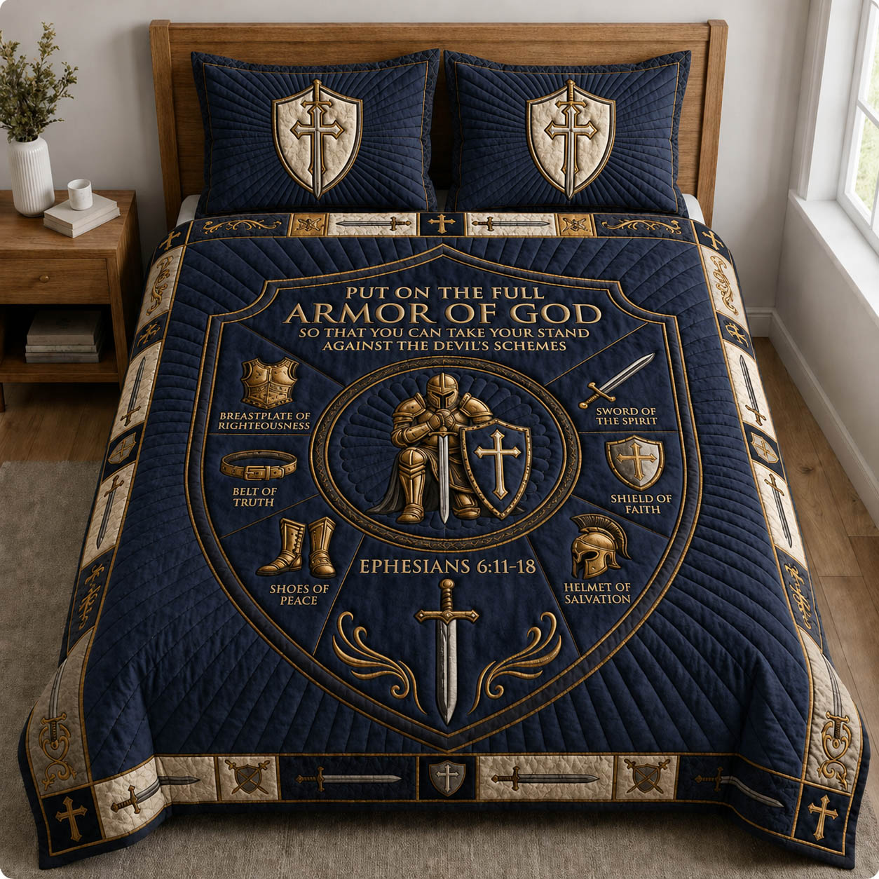 Midnight Navy Armor Of God Quilted Bedding Set Christian Warrior Coverlet Set Room Gifts