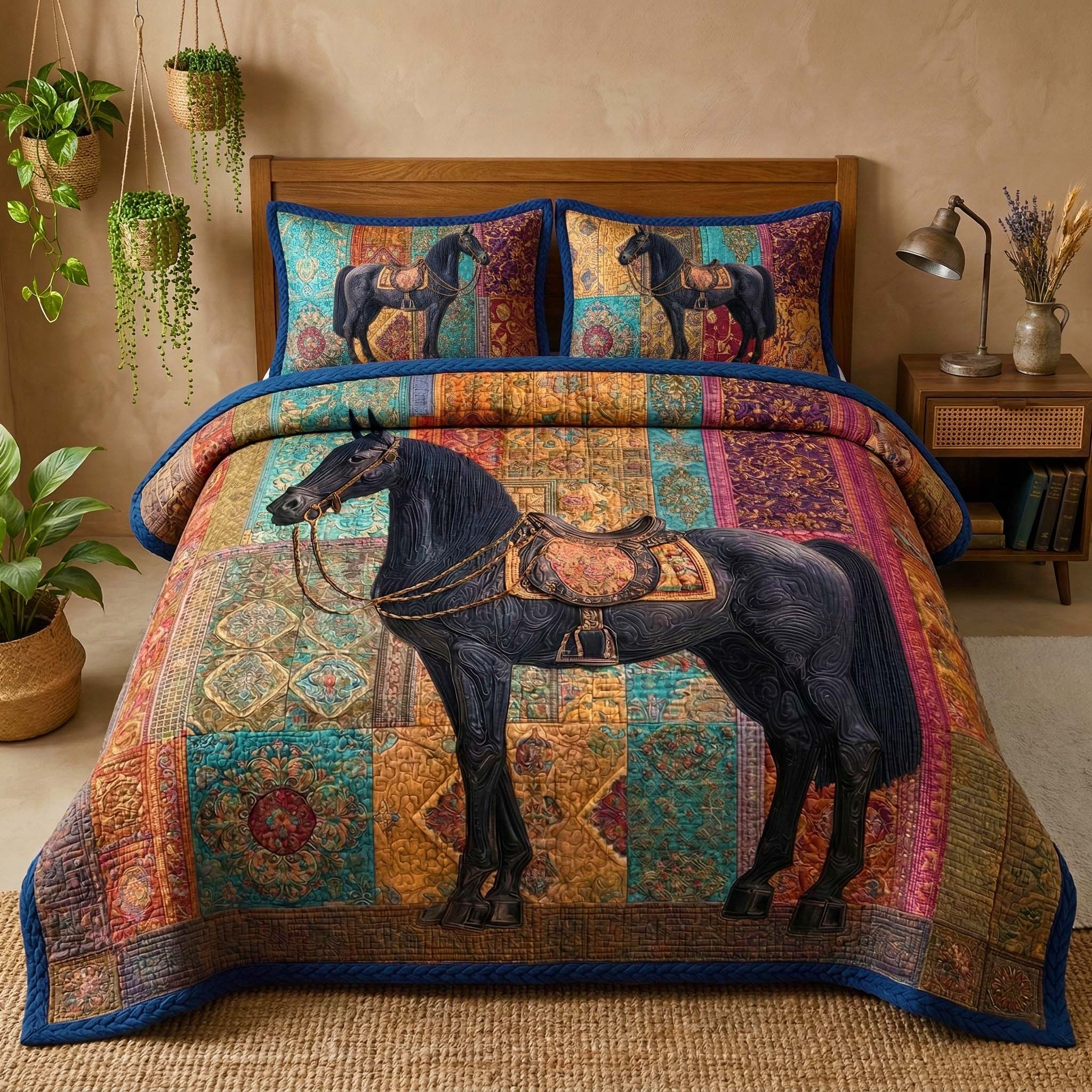 Midnight Stallion Quilted Bedding Set Lion Lover Coverlet Set Present For New Home