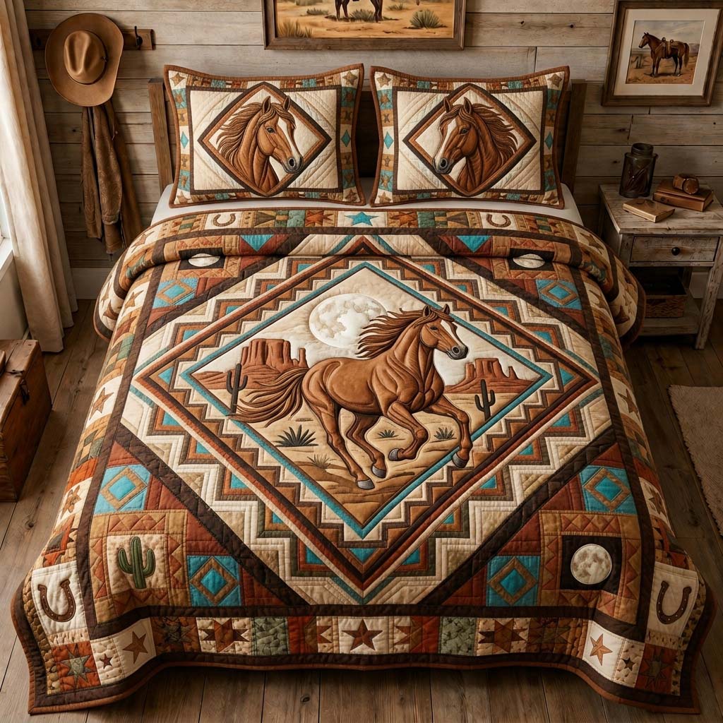 Moon Diamond Horse Quilted Bedding Set Horse Lover Coverlet Set Cute Room Decor