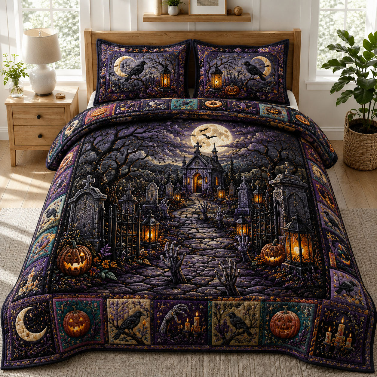 Moonlit Gothic Cemetery Chapel Halloween Quilted Bedding Set Gothic Halloween Coverlet Set