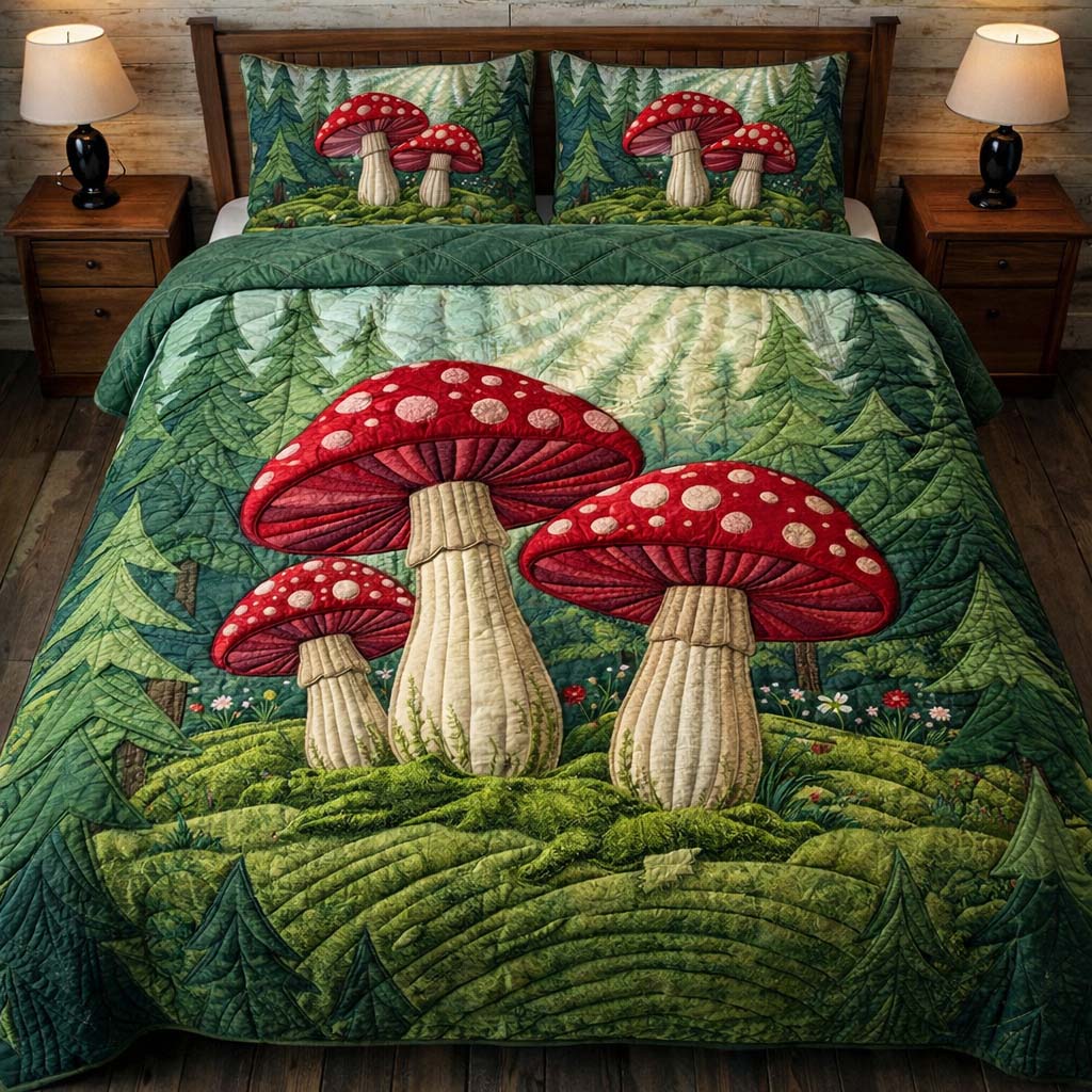 Mushroom Hills Quilted Bedding Set Woodland Serenity Coverlet Set Home Gift For Her