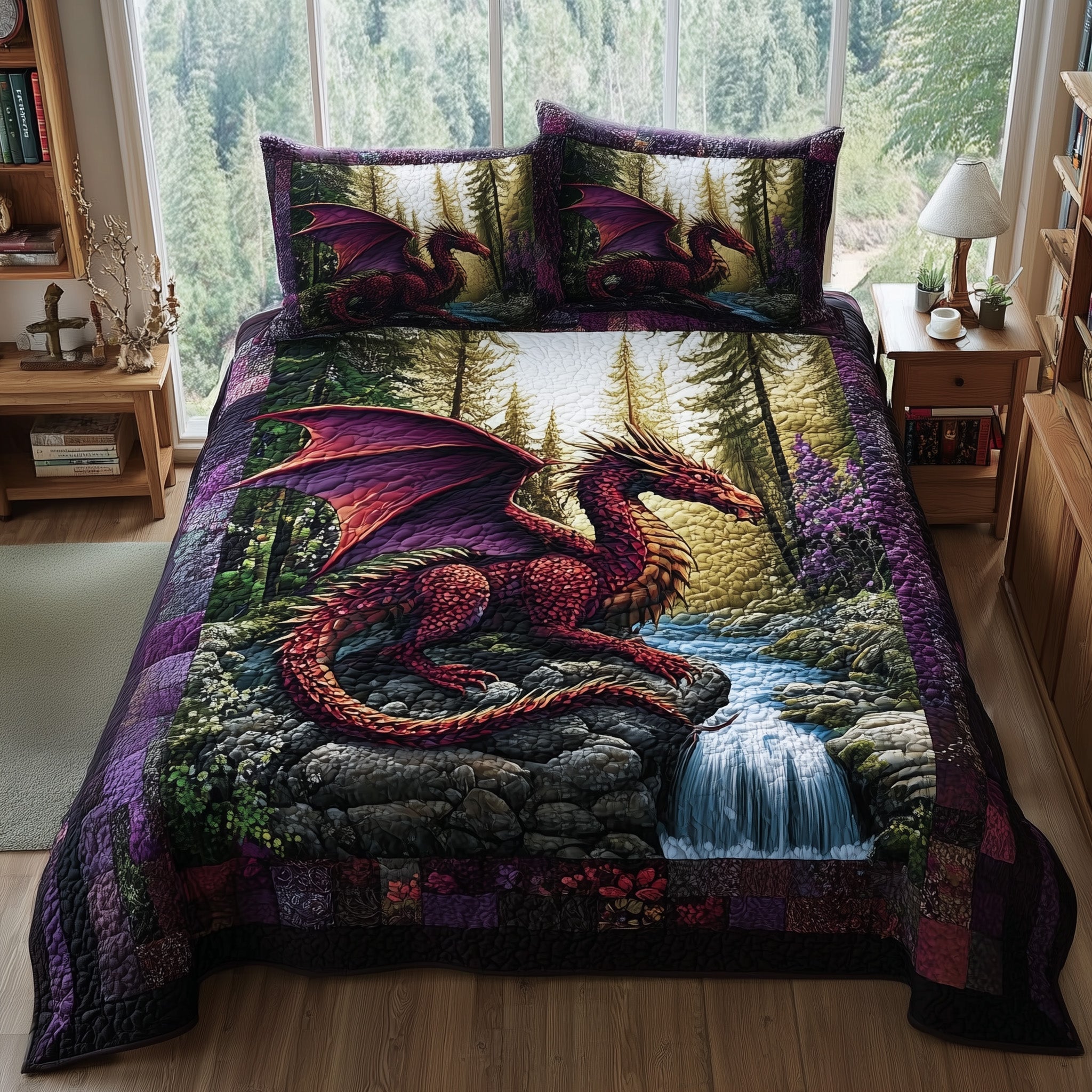 Mystic Dragon Quilted Bedding Set Dragon Lover Coverlet Set New Gift