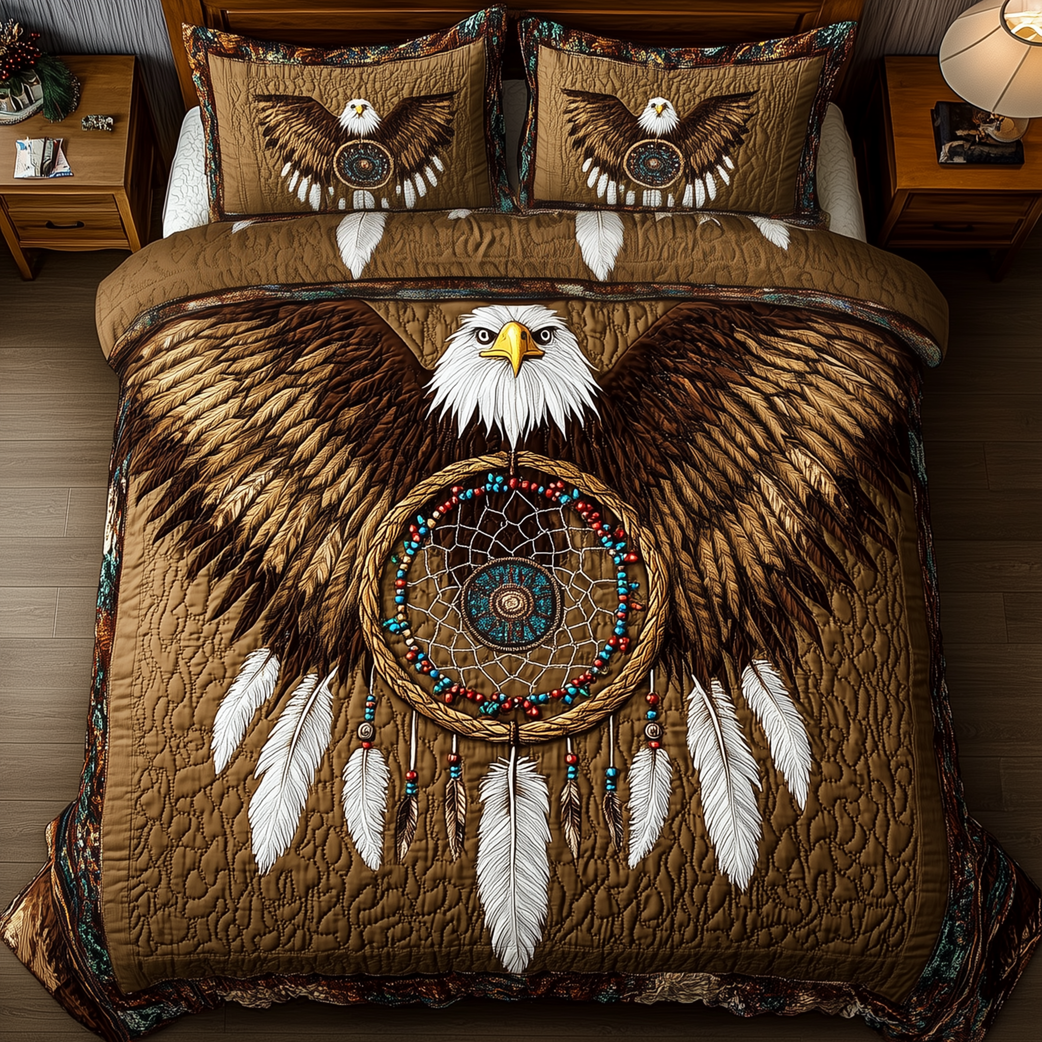 Native American Bald Eagle Dream Catcher Quilted Bedding Set Cat Lover Coverlet Set Gift