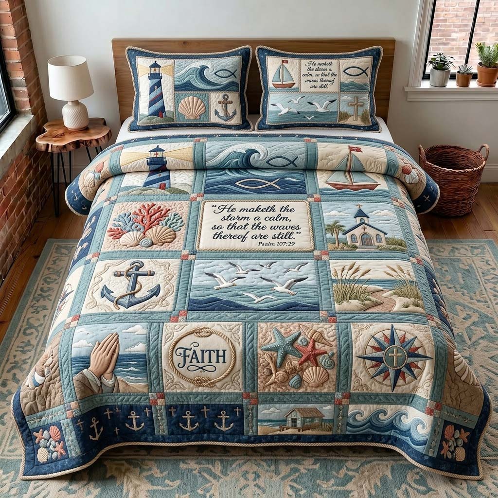 Nautical Faith Quilted Bedding Set Christian Coastal Coverlet Set Decor Gift