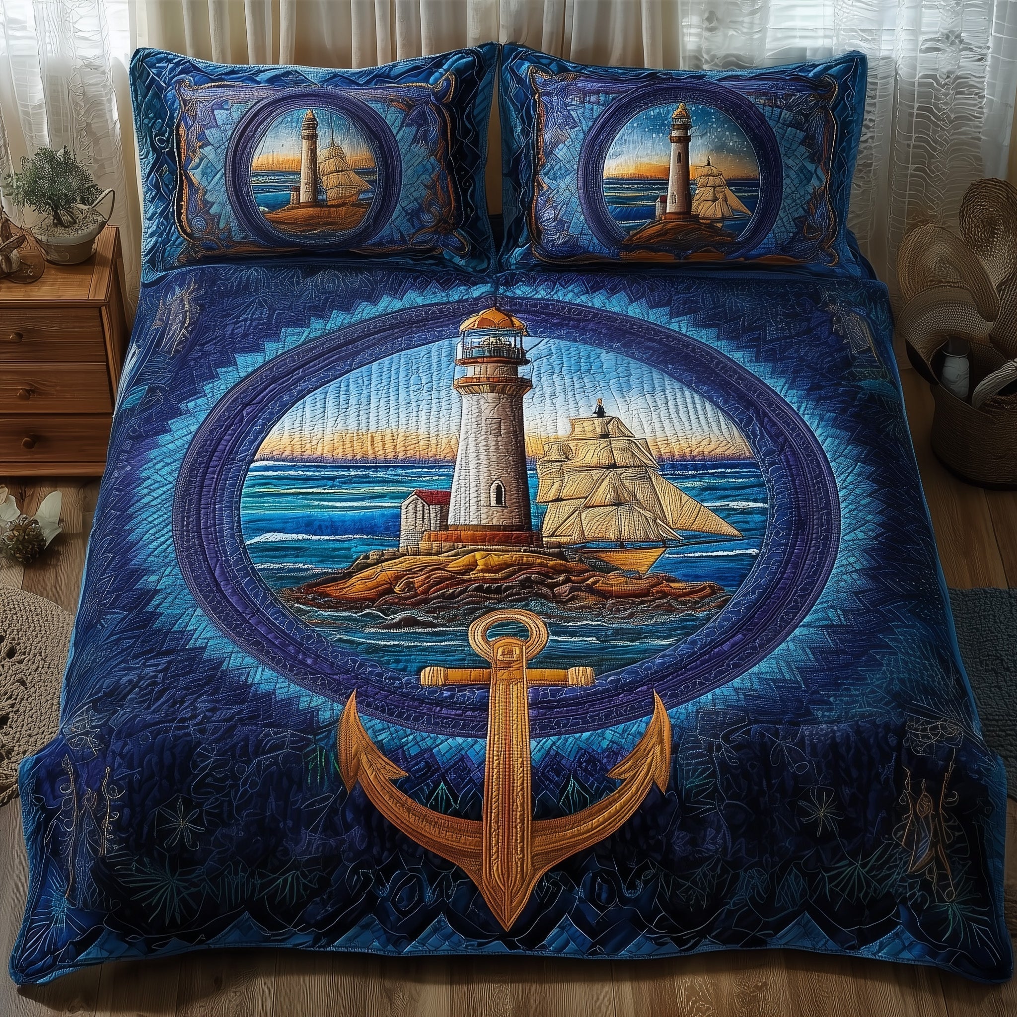 Nautical Quilted Bedding Set Coastal Serenity Coverlet Set Home Decor Gift Ideas