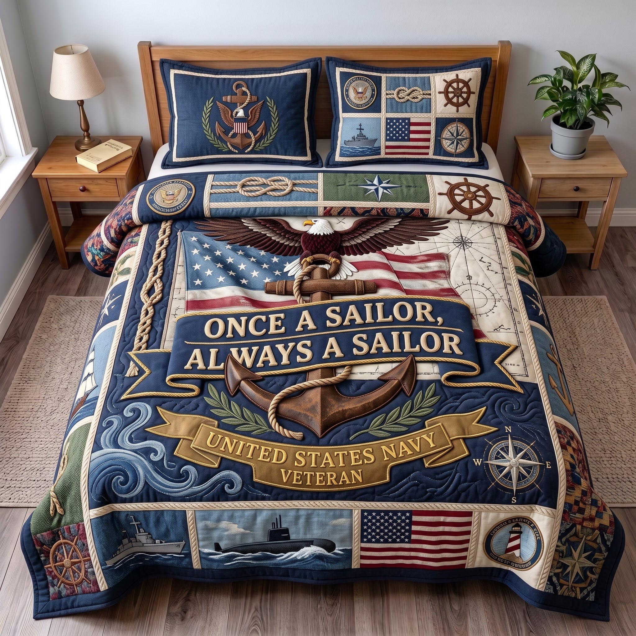 Navy Pride Quilted Bedding Set Military Patriotic Coverlet Set Best Room Decor Gifts
