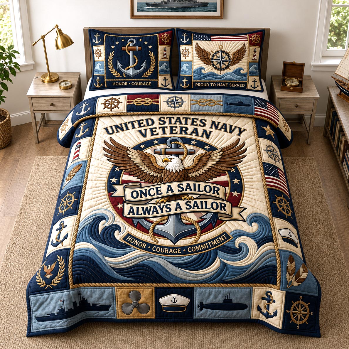 Navy Pride Quilted Bedding Set Military Patriotic Coverlet Set Cozy Home Decor Gifts