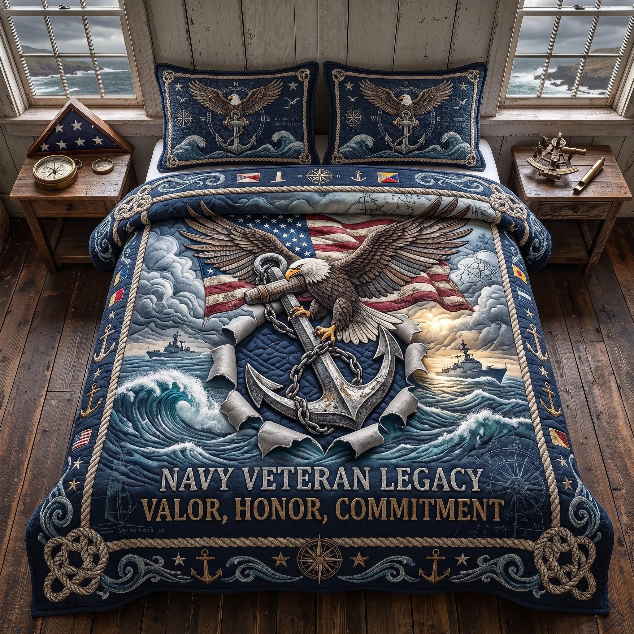 Navy Pride Quilted Bedding Set Military Patriotic Coverlet Set Cute Room Decor Gifts