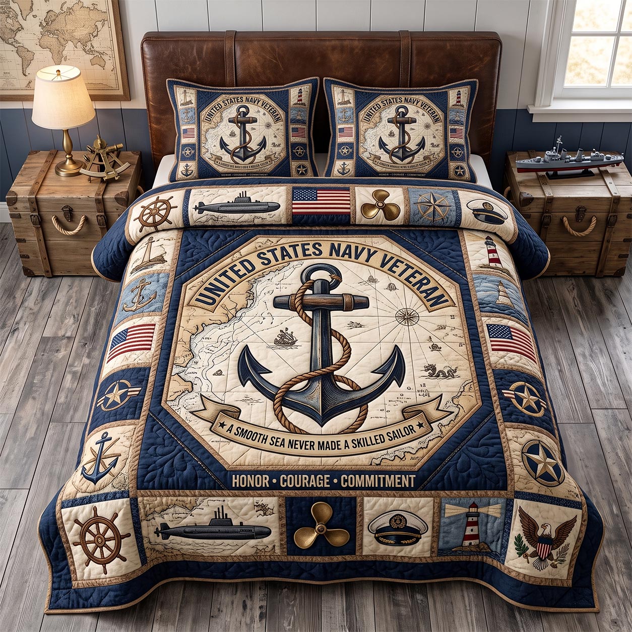 Navy Pride Quilted Bedding Set Military Patriotic Coverlet Set Unique Decor Gift