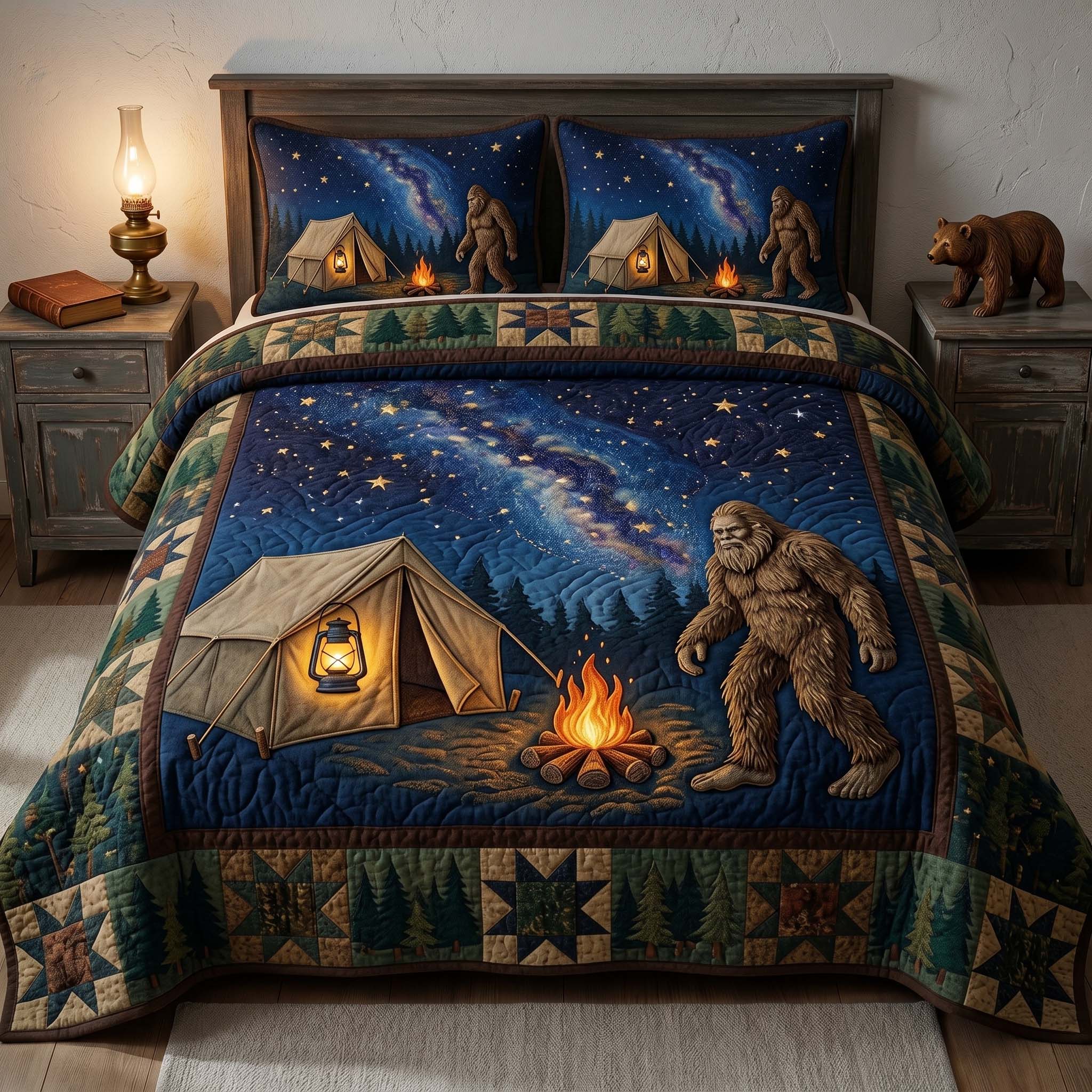 Night Camp Bigfoot Quilted Bedding Set Bigfoot Lover Coverlet Set Unique Decor Gift