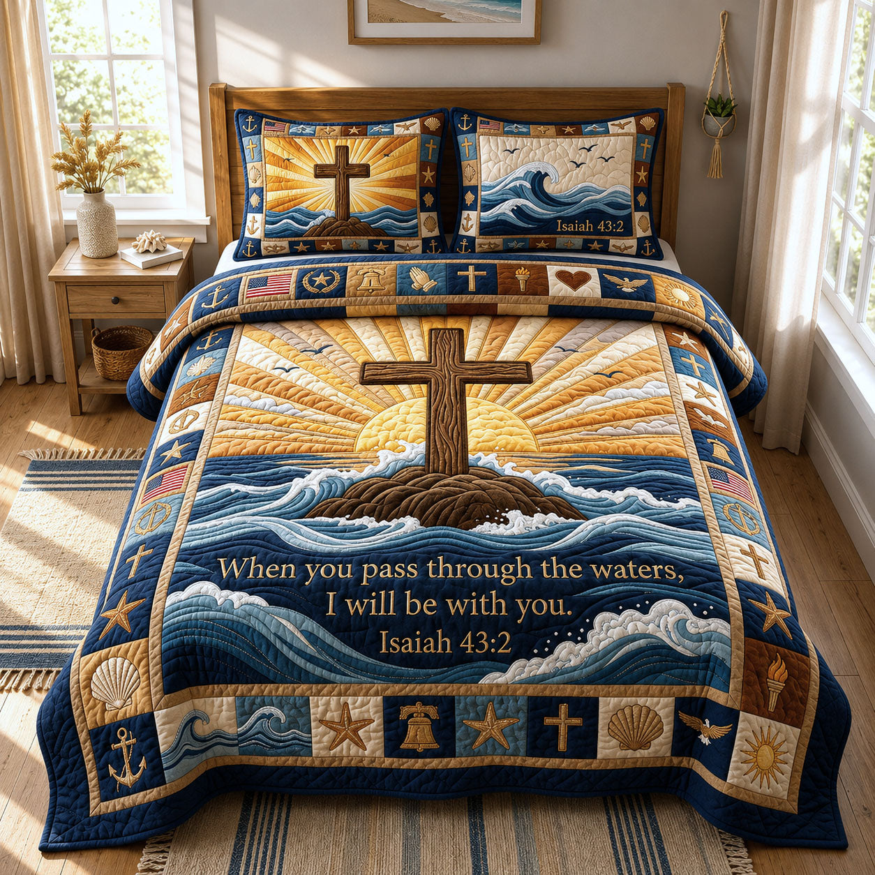 Ocean Bible Quote Quilted Bedding Set Christian Coastal Coverlet Set Room Lover Gift
