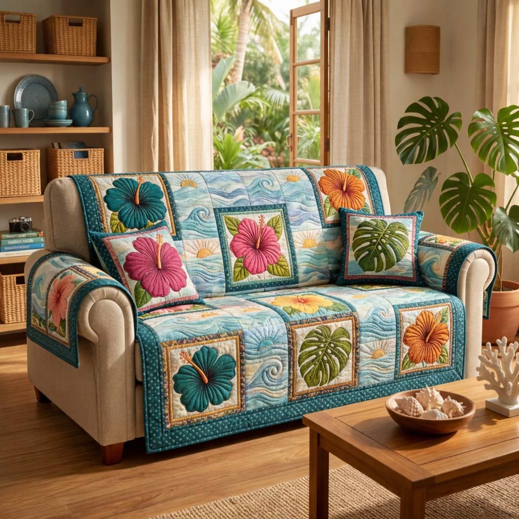 Ocean Bloom Quilted Sofa Cover Coastal Serenity Quilted Couch Cover Present For Home Lovers