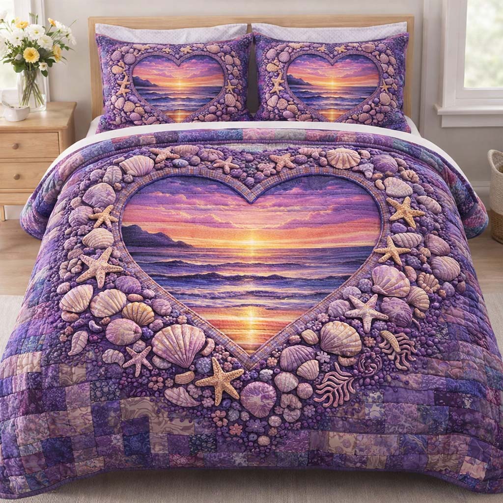Ocean Heart Quilted Bedding Set Coastal Serenity Coverlet Set Best Gift Ideas