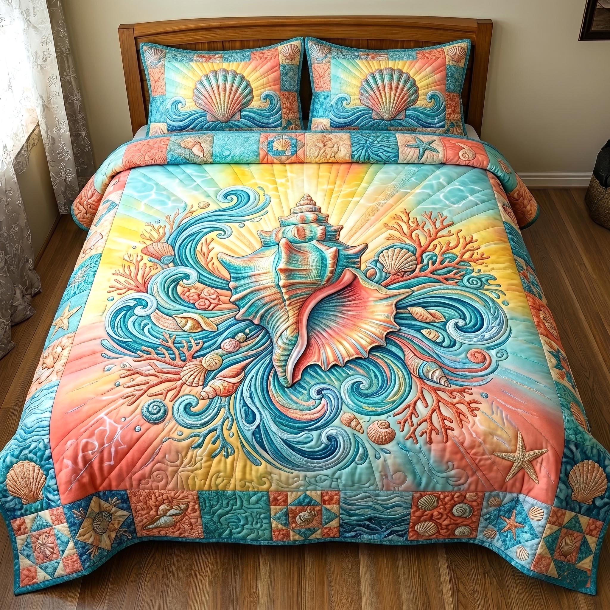 Ocean Pearls Quilted Bedding Set Coastal Shells Coverlet Set Room Gift