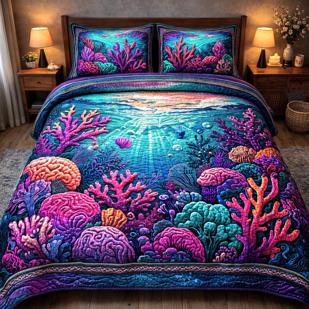 Ocean Shells Quilted Bedding Set Coastal Shells Coverlet Set House Lover Gift Ideas