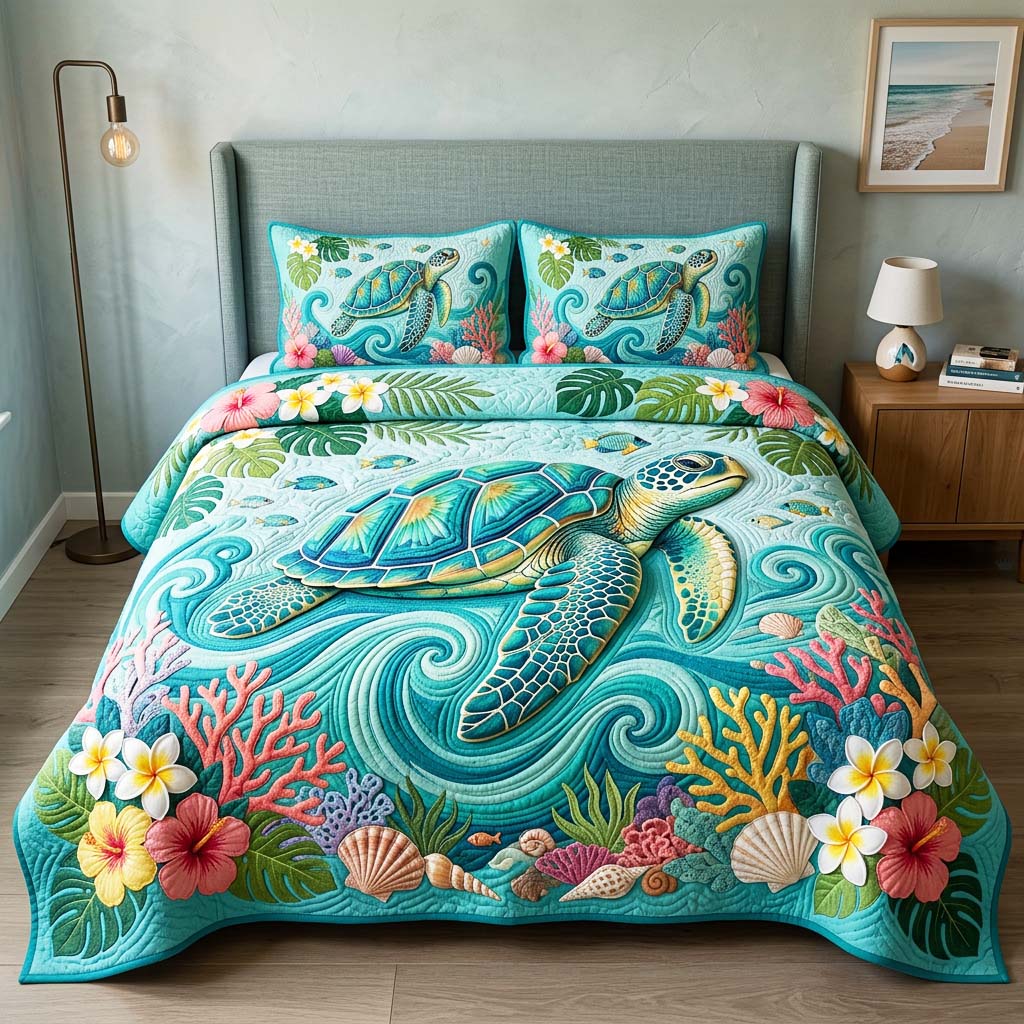 Ocean Turtle Quilted Bedding Set Turtle Lover Coverlet Set Cool Gift