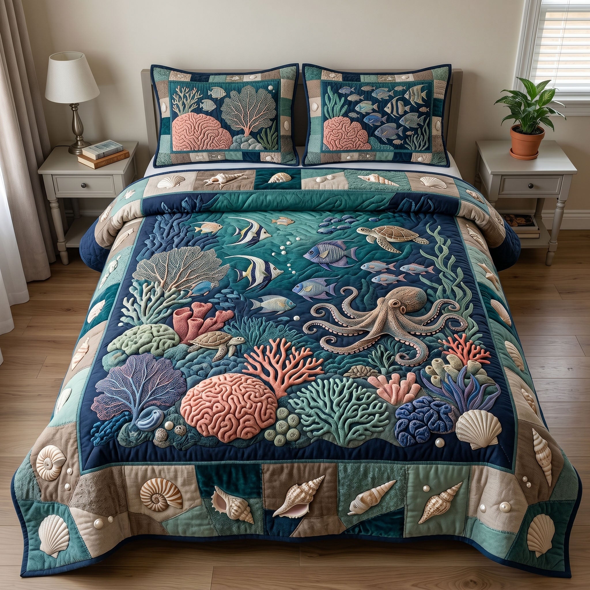 Ocean Wave Quilted Bedding Set Coastal Serenity Coverlet Set Cool Room Decor Gifts