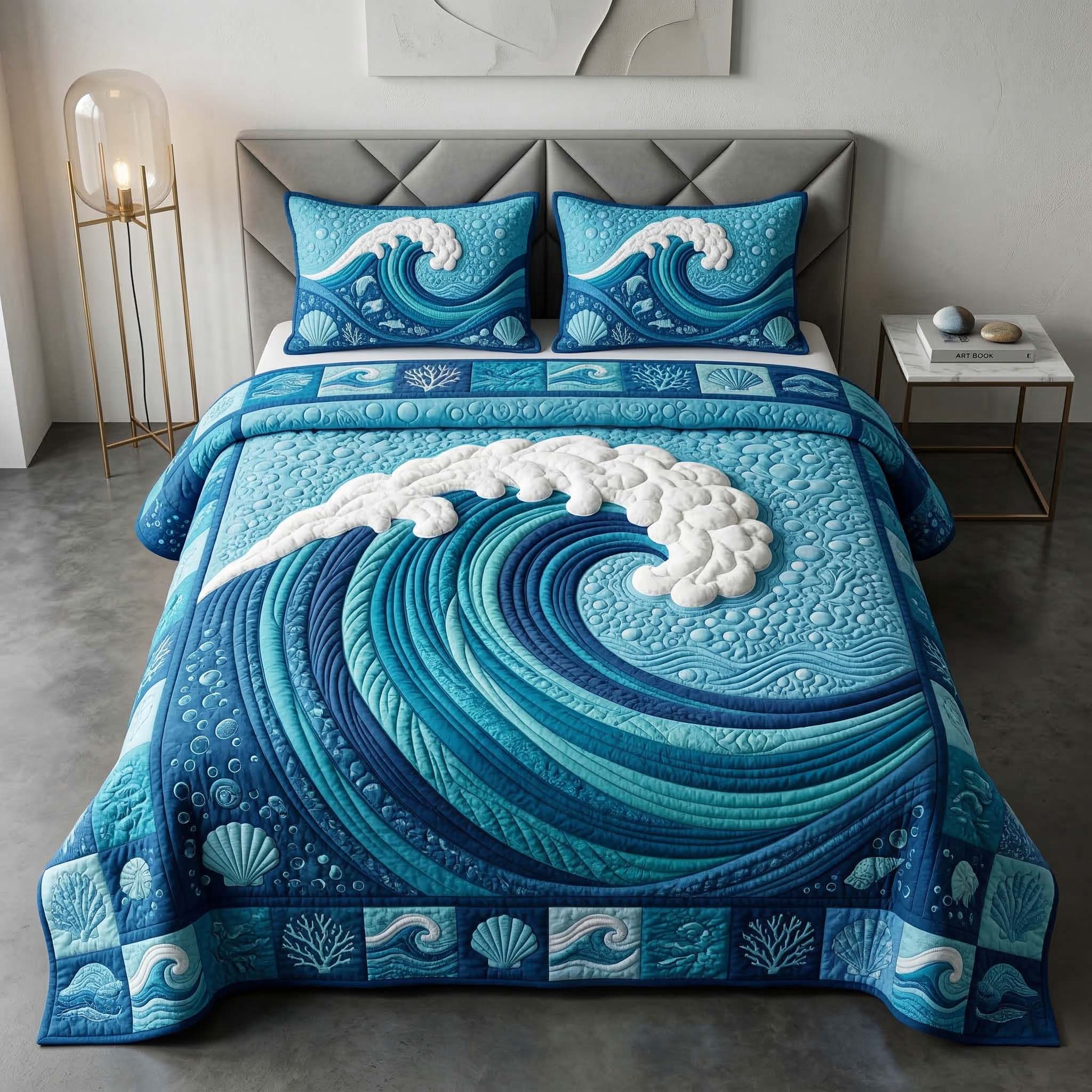 Ocean Wave Quilted Bedding Set Coastal Serenity Coverlet Set Great Gift Ideas