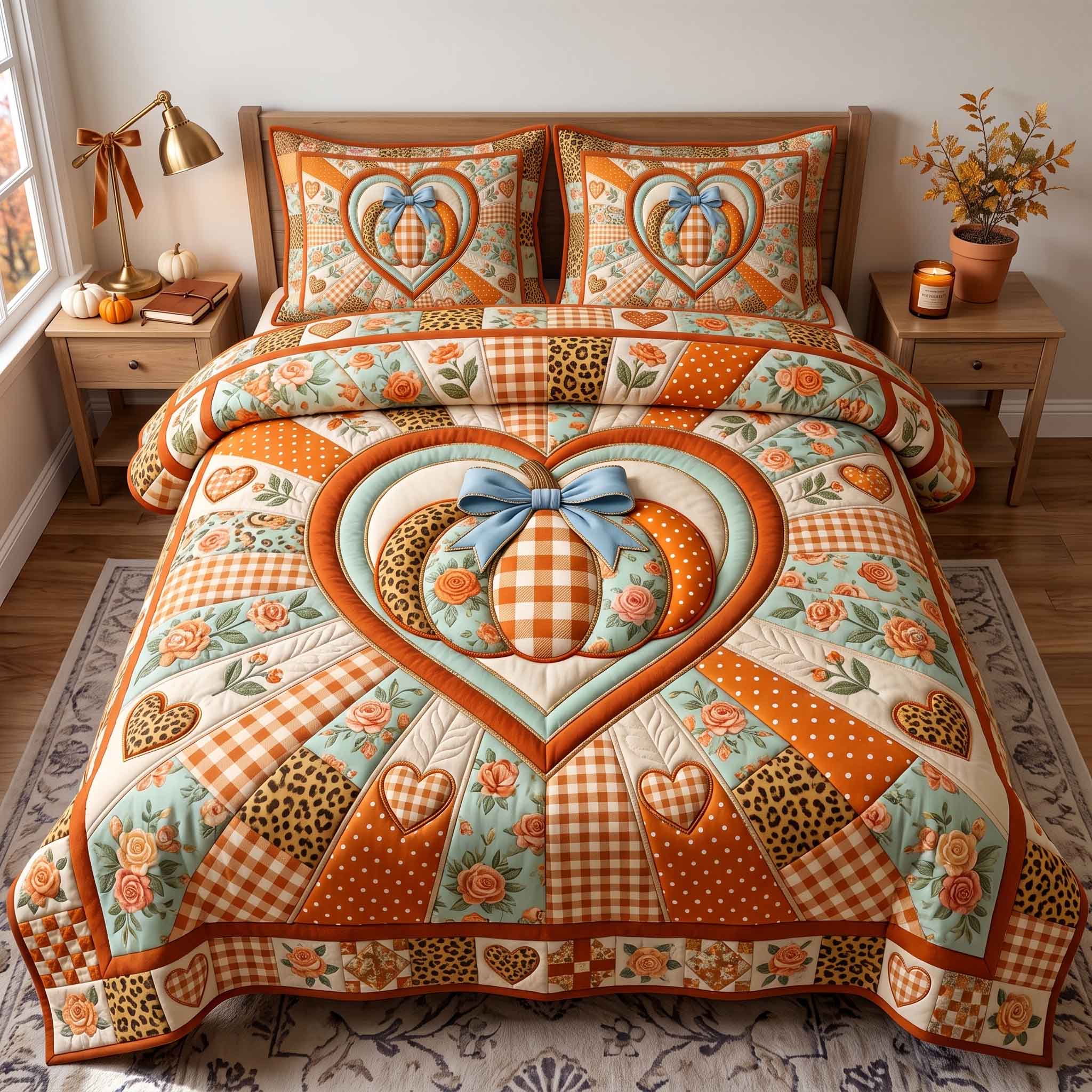 Patchwork Pumpkin Patch Quilted Bedding Set Rustic Autumn Pumpkin Patch Quilted Bedding Set Gift