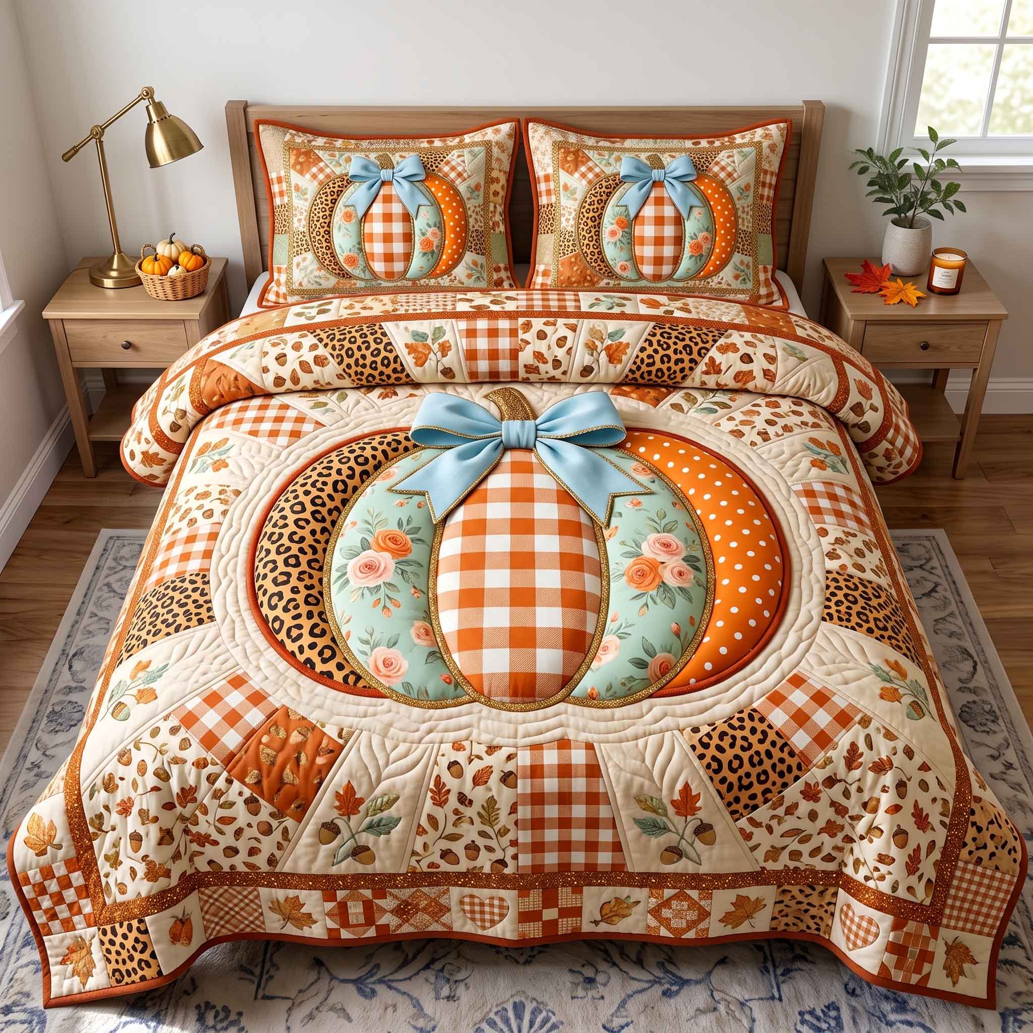 Patchwork Pumpkin Patch Quilted Bedding Set Rustic Autumn Pumpkin Patch Quilted Bedding Set Gifts