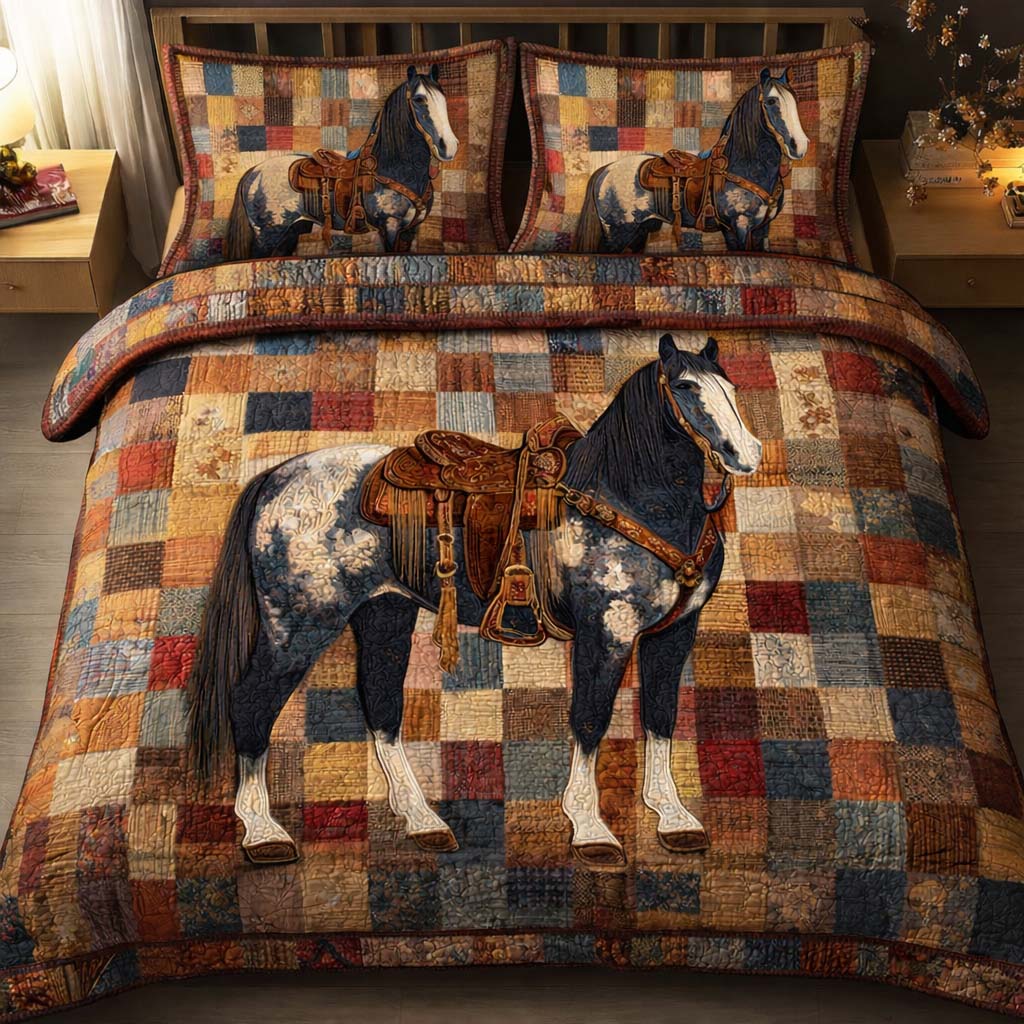 Patchwork Stallion Quilted Bedding Set Lion Lover Coverlet Set House Lover Gift