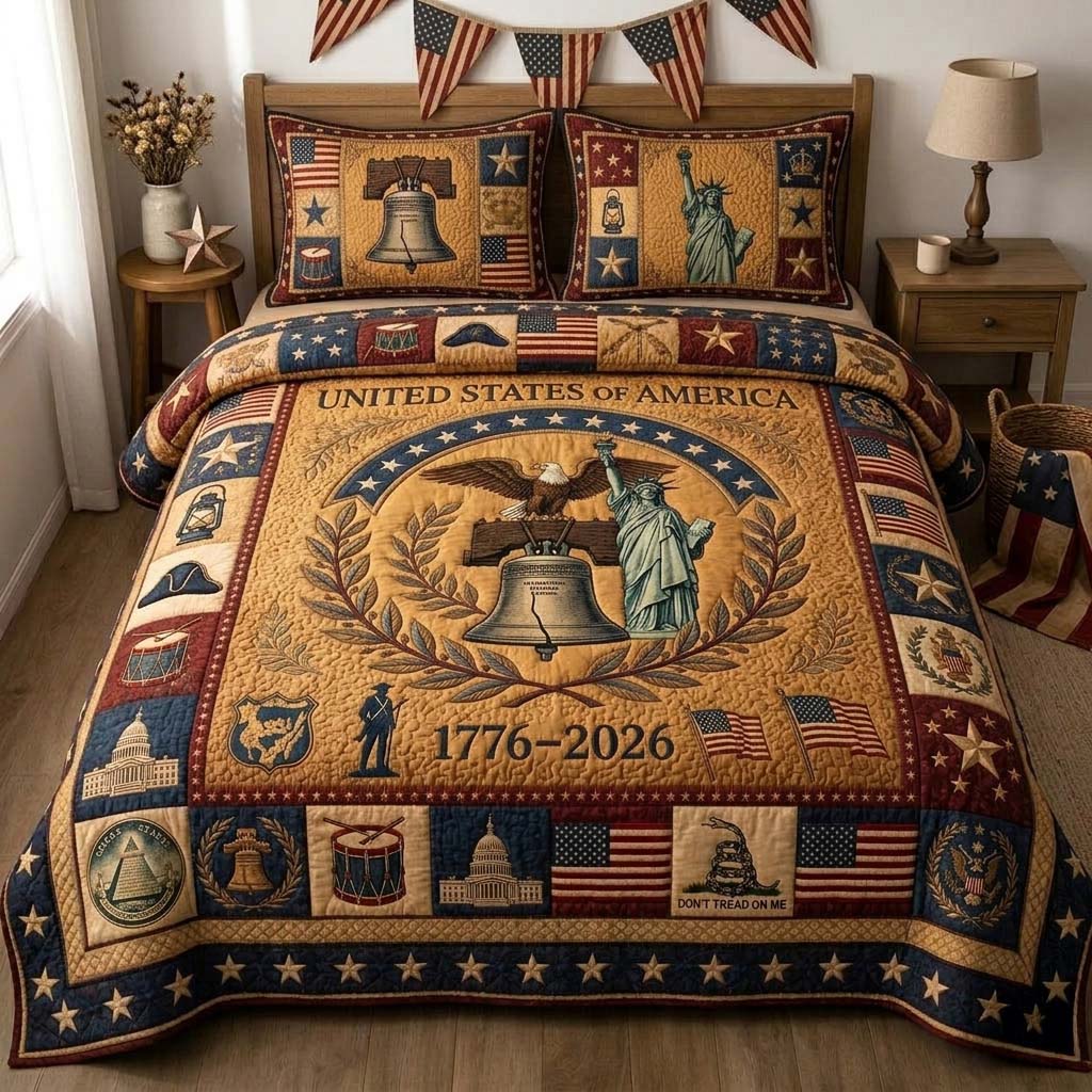 Patriot Unity Emblem Quilted Bedding Set Patriotic America Coverlet Set Cozy Home Decor