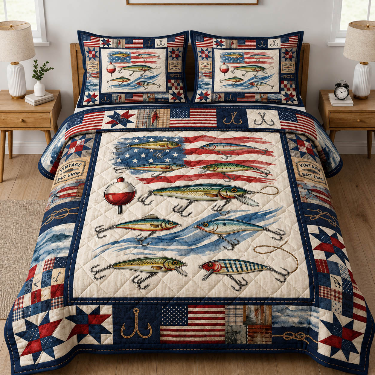 Patriotic Fishing Quilted Bedding Set Fish Lover Coverlet Set Top Gift
