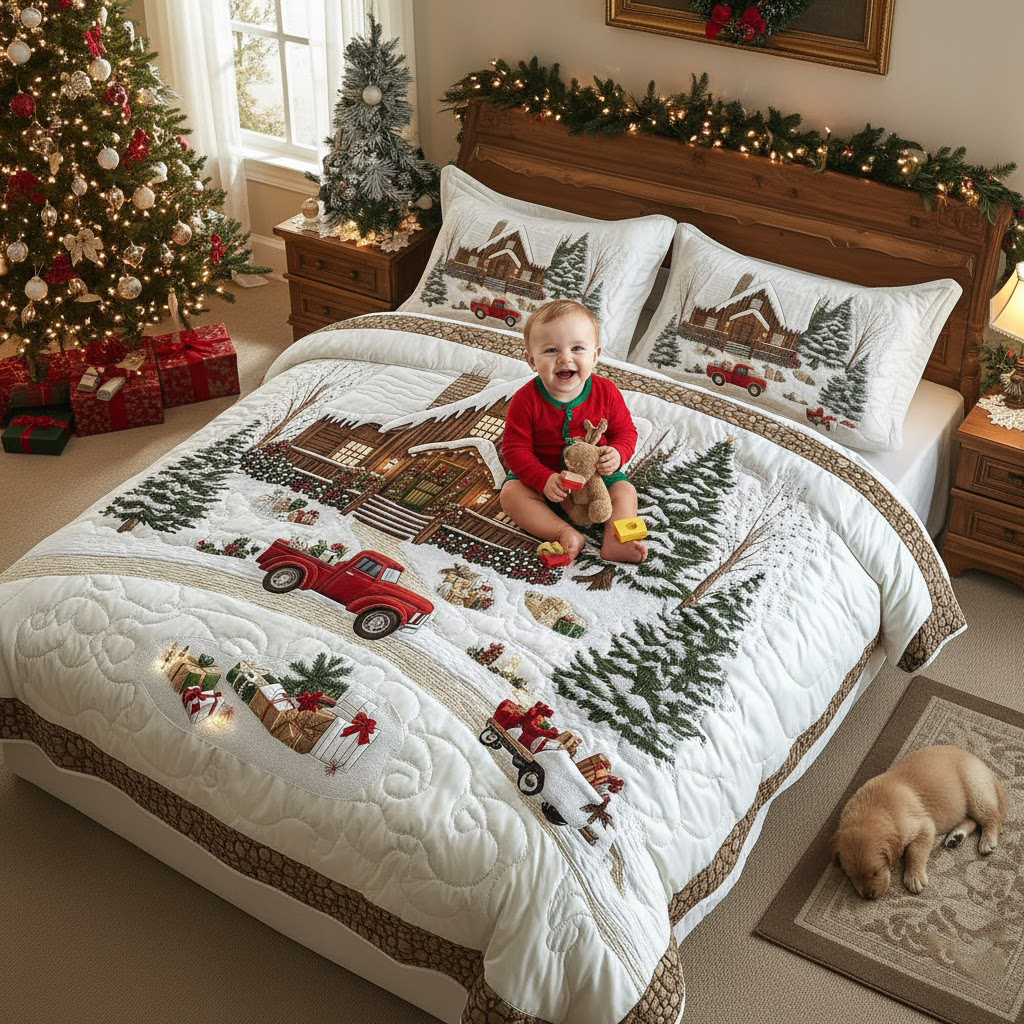 Peaceful Snow Cabin Quilted Bedding Set Camping Lifestyle Coverlet Set Room Gift For Him
