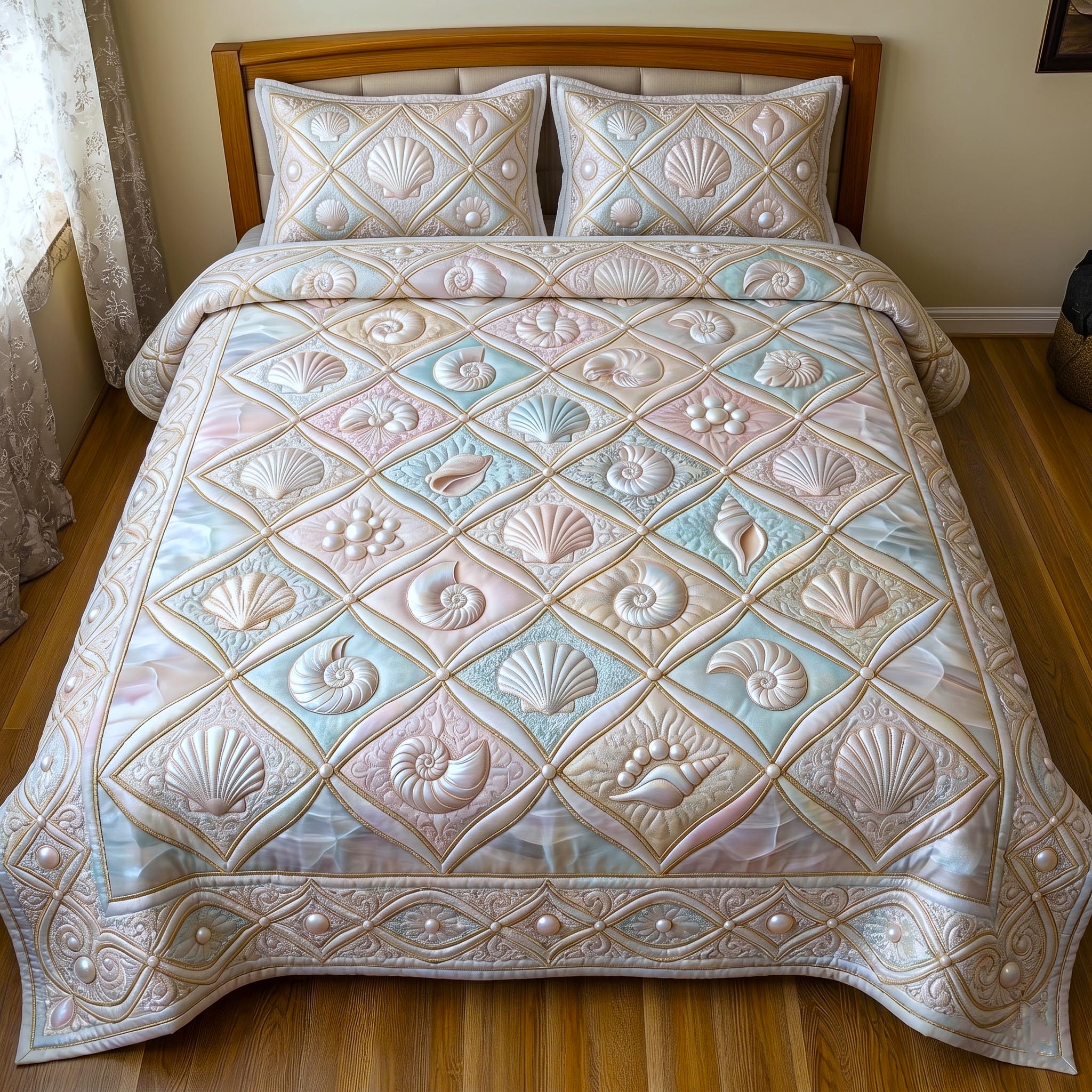 Pearl Ocean Quilted Bedding Set Coastal Shells Coverlet Set House Lover Gift Ideas