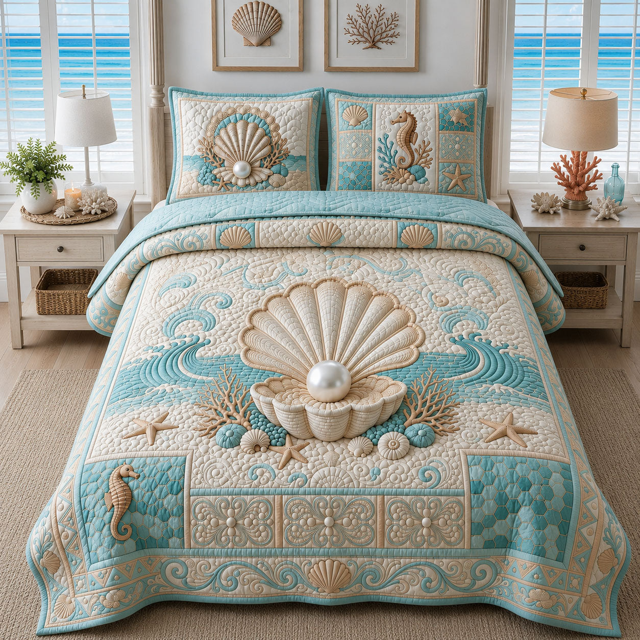 Pearl Seashell Ocean Quilted Bedding Set Coastal Shells Coverlet Set Decor Gift