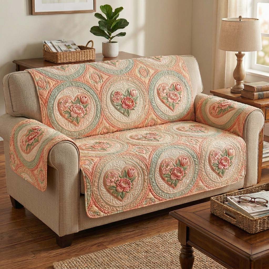 Peony Charm Quilted Sofa Cover Peony Charm Quilted Couch Cover Home Gift For Her