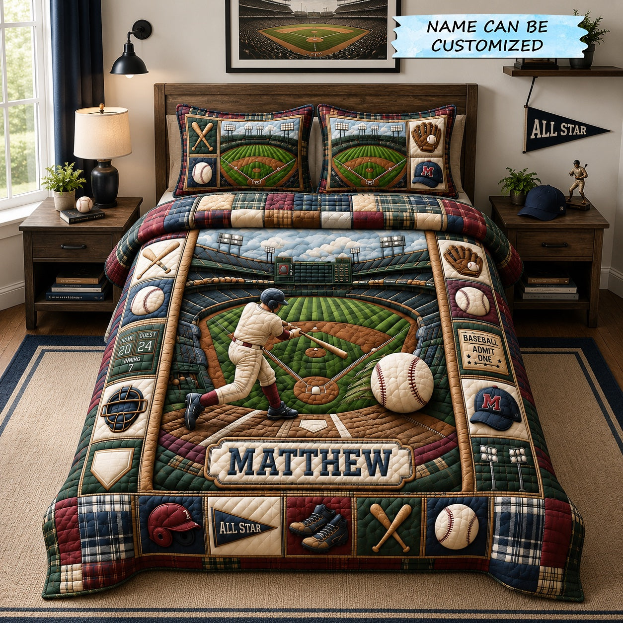 Personalized Baseball Grand Slam Quilted Bedding Set Baseball Fan Coverlet Set Home Gift