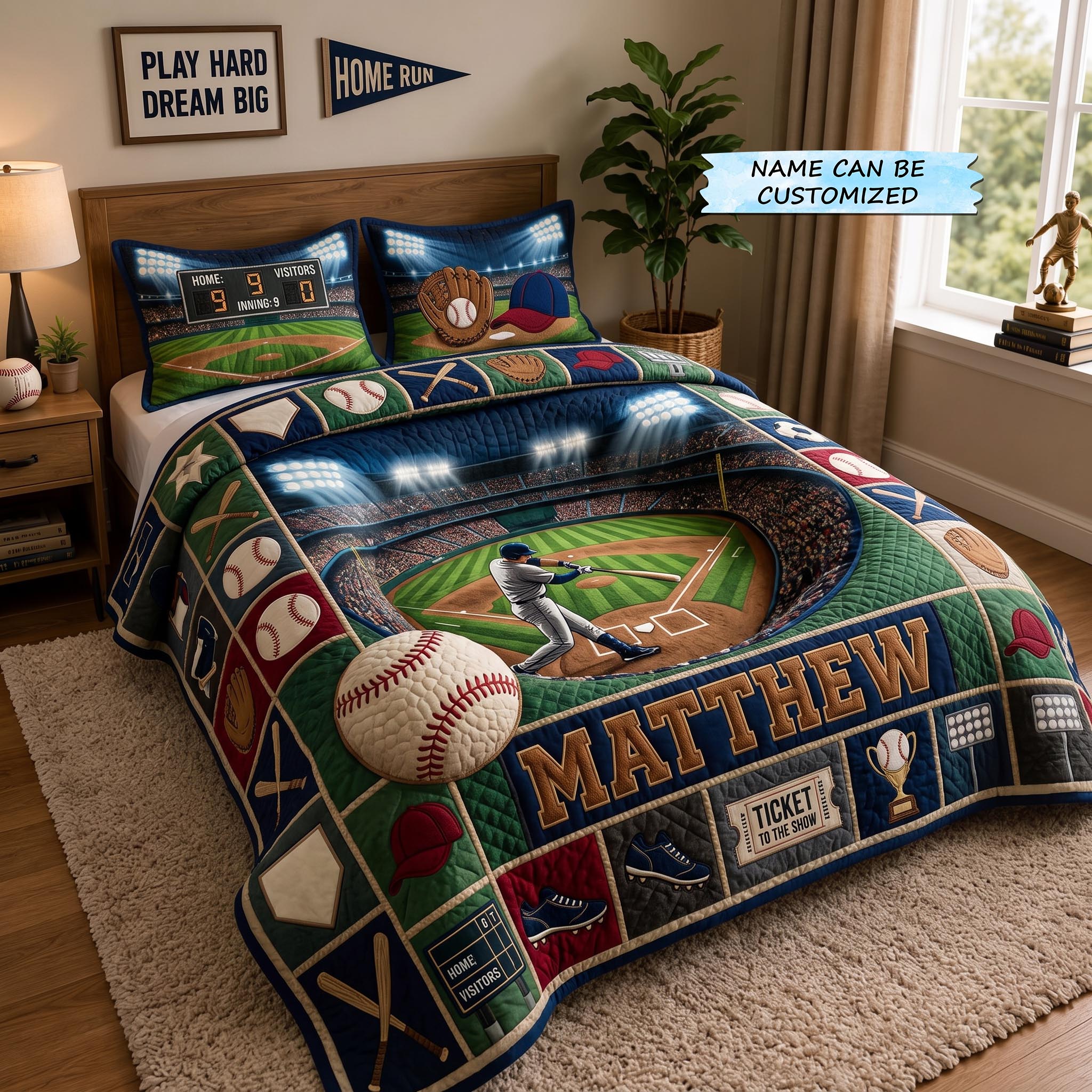 Personalized Baseball Grand Slam Quilted Bedding Set Baseball Fan Coverlet Set Room Gift Ideas