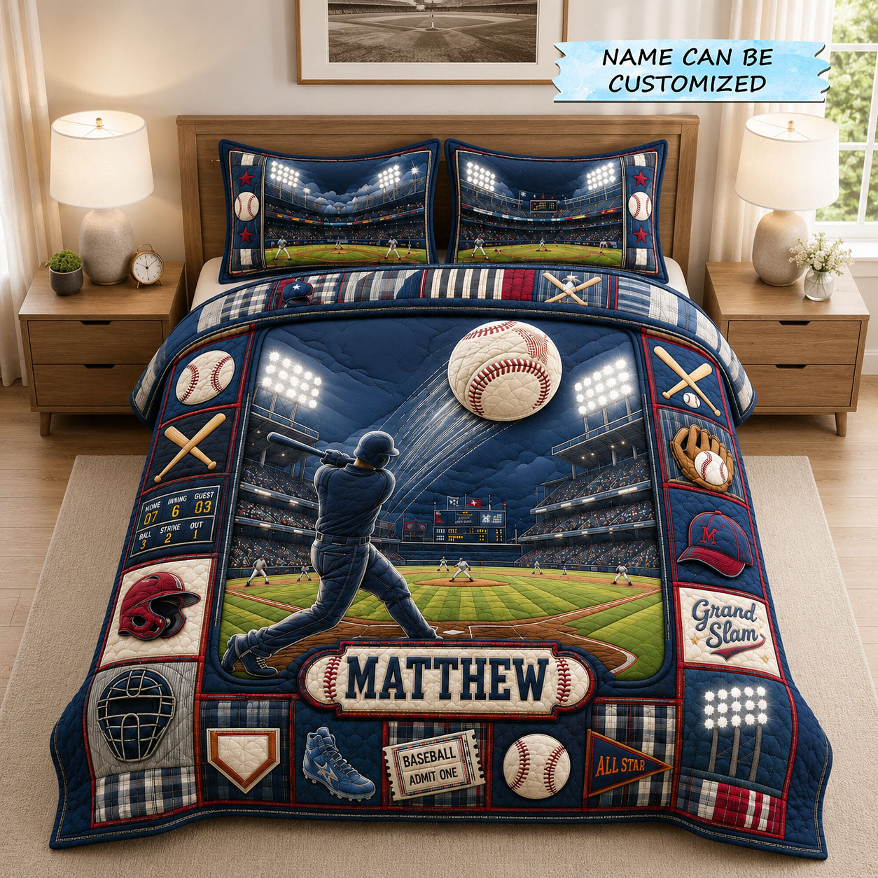 Personalized Baseball Home Run Stadium Quilted Bedding Set Baseball Fan Coverlet Set Gifts Idea