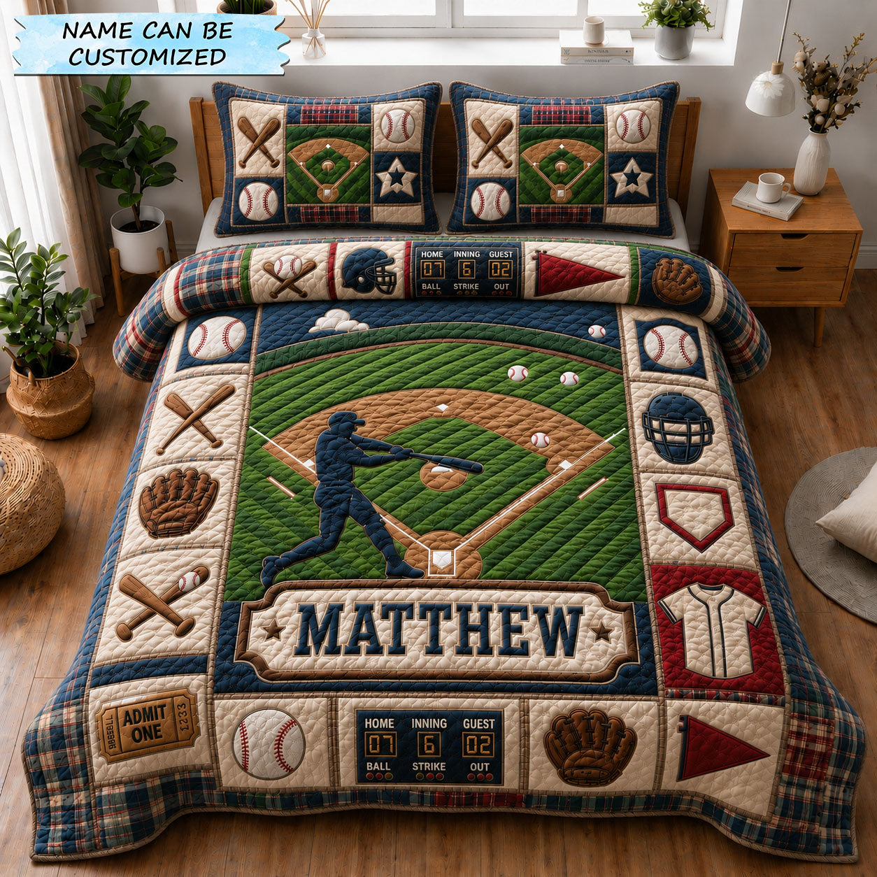 Personalized Baseball Player Field Quilted Bedding Set Baseball Fan Coverlet Set