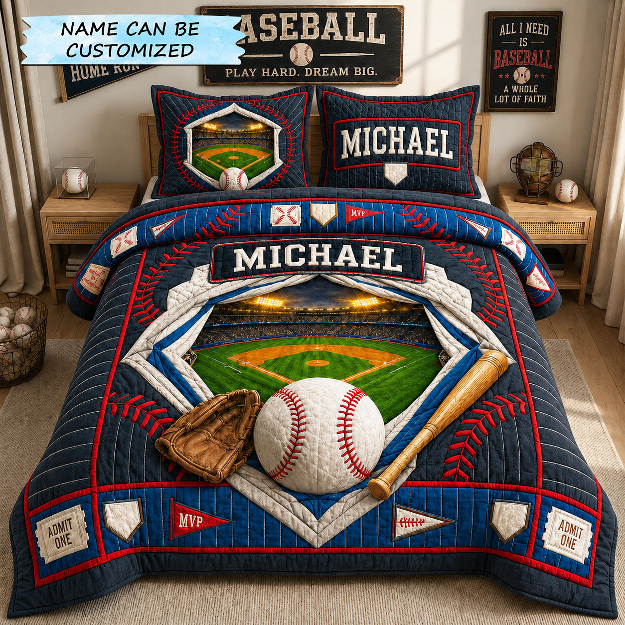 Personalized Baseball Stadium Portal Quilted Bedding Set Baseball Fan Coverlet Set Great Gift