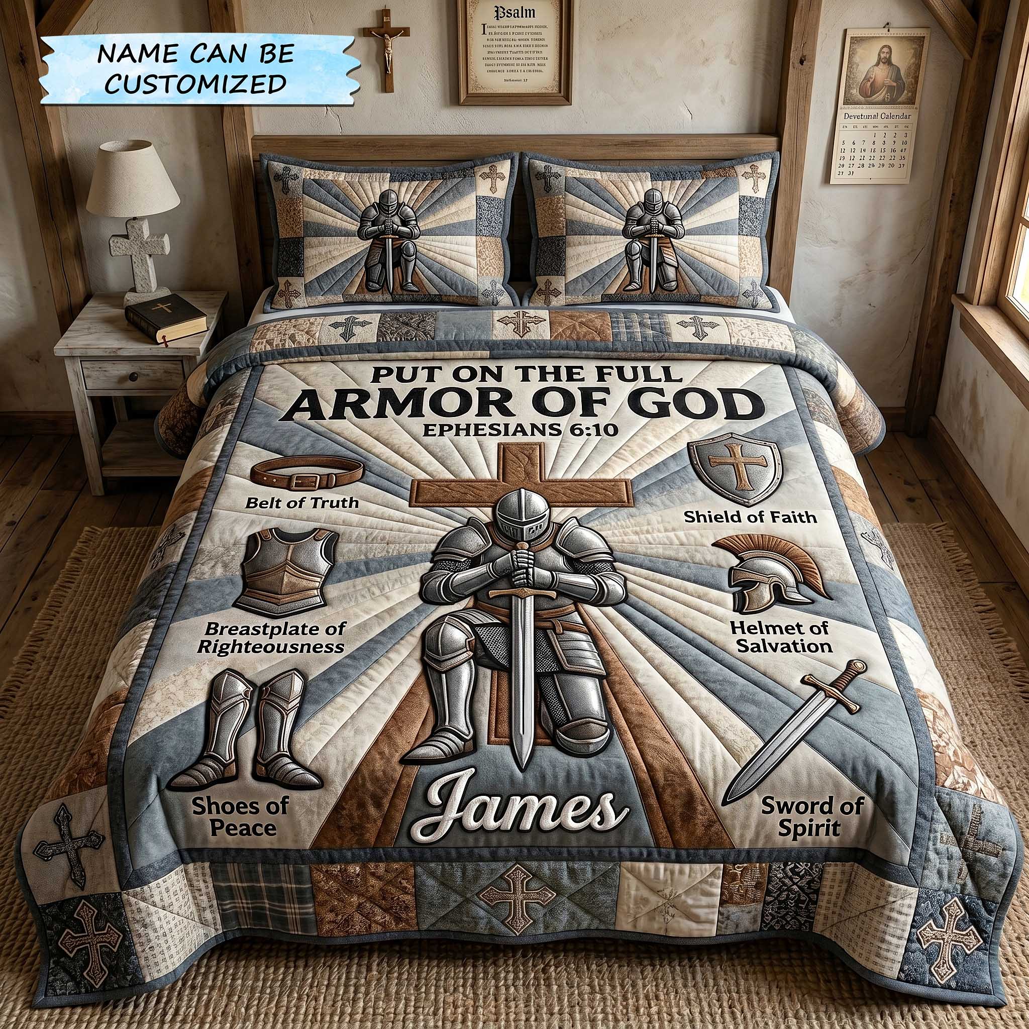 Personalized Full Armor Of God Quilted Bedding Set Christian Warrior Coverlet Set Gift New Home