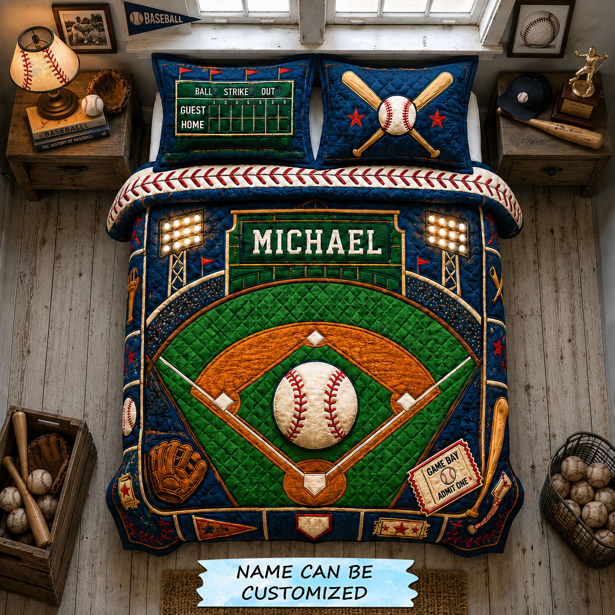 Personalized Stadium Memory Baseball Quilted Bedding Set Baseball Fan Coverlet Set Gift Ideas