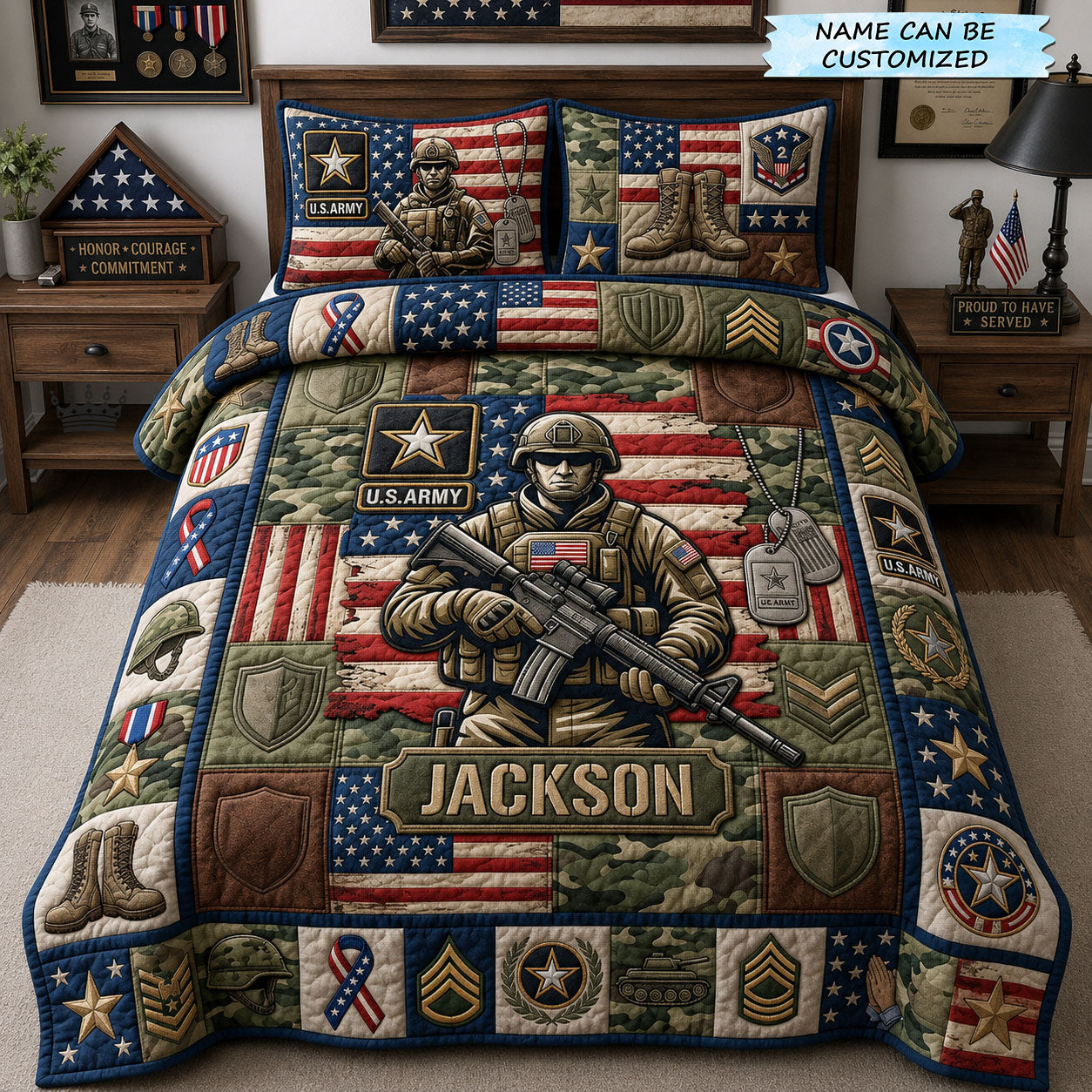 Personalized Veteran Quilted Bedding Set Military Patriotic Coverlet Set Perfect Gift