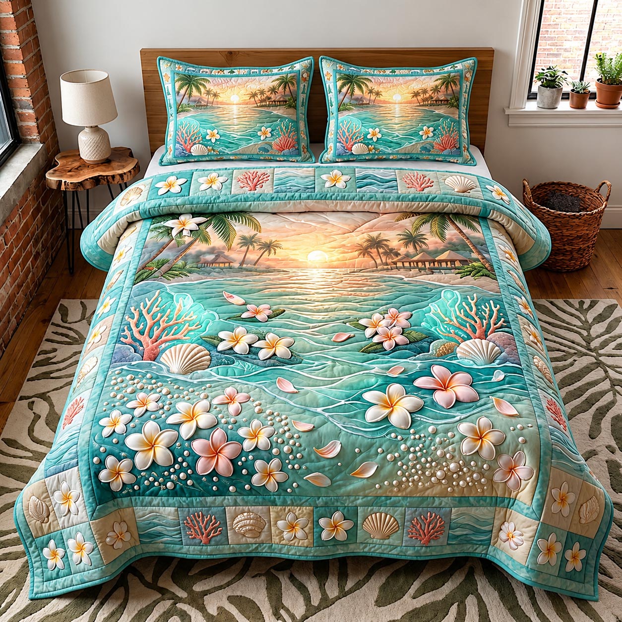 Plumeria Breeze Quilted Bedding Set Coastal Serenity Coverlet Set Gifts For Home Decor